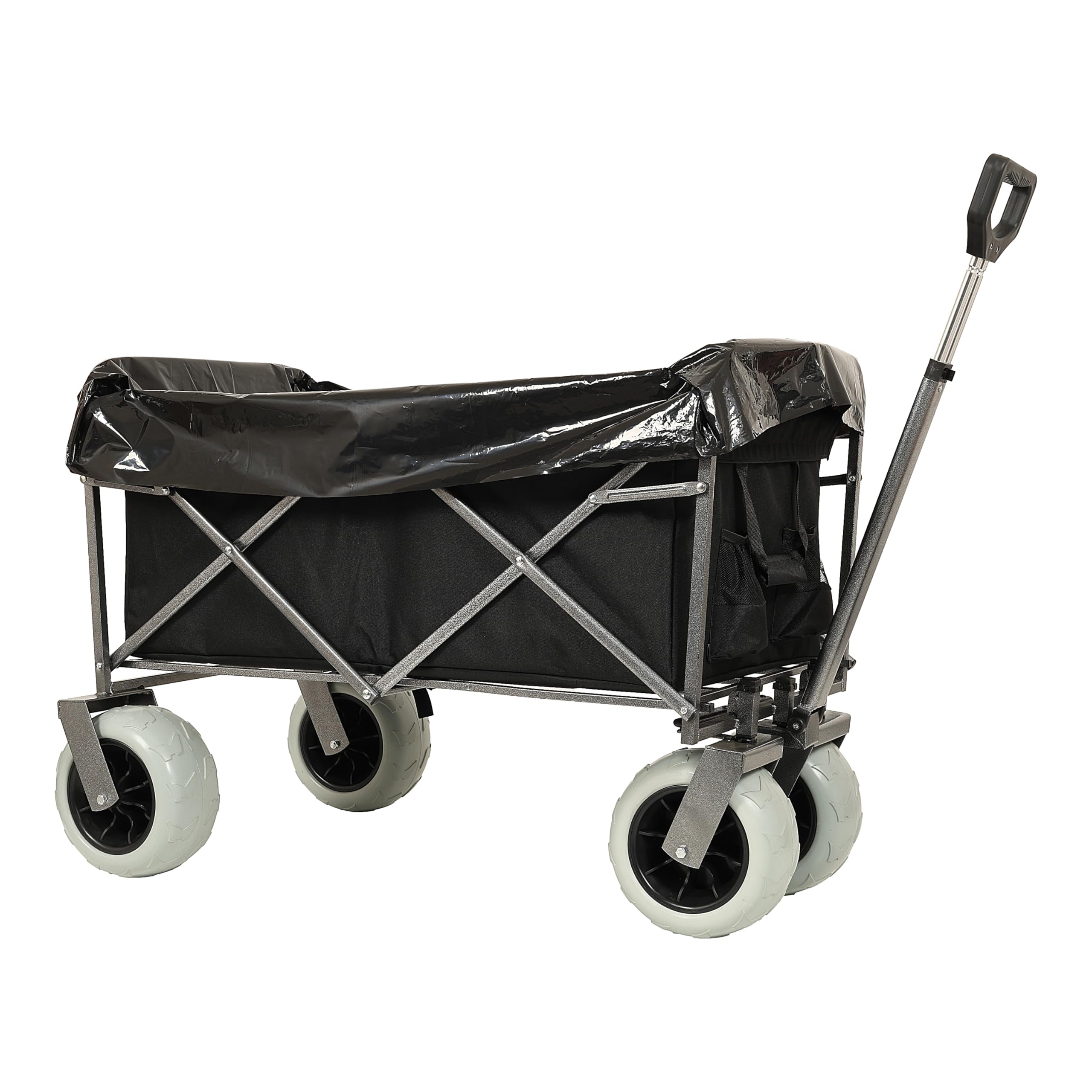 Carrello da spiaggia All-Terrain con capacità di 500 libbre, pesante e pieghevole, ruote pneumatiche da 9 pollici per sabbia, con borsa multifunzione e cintura, colore nero