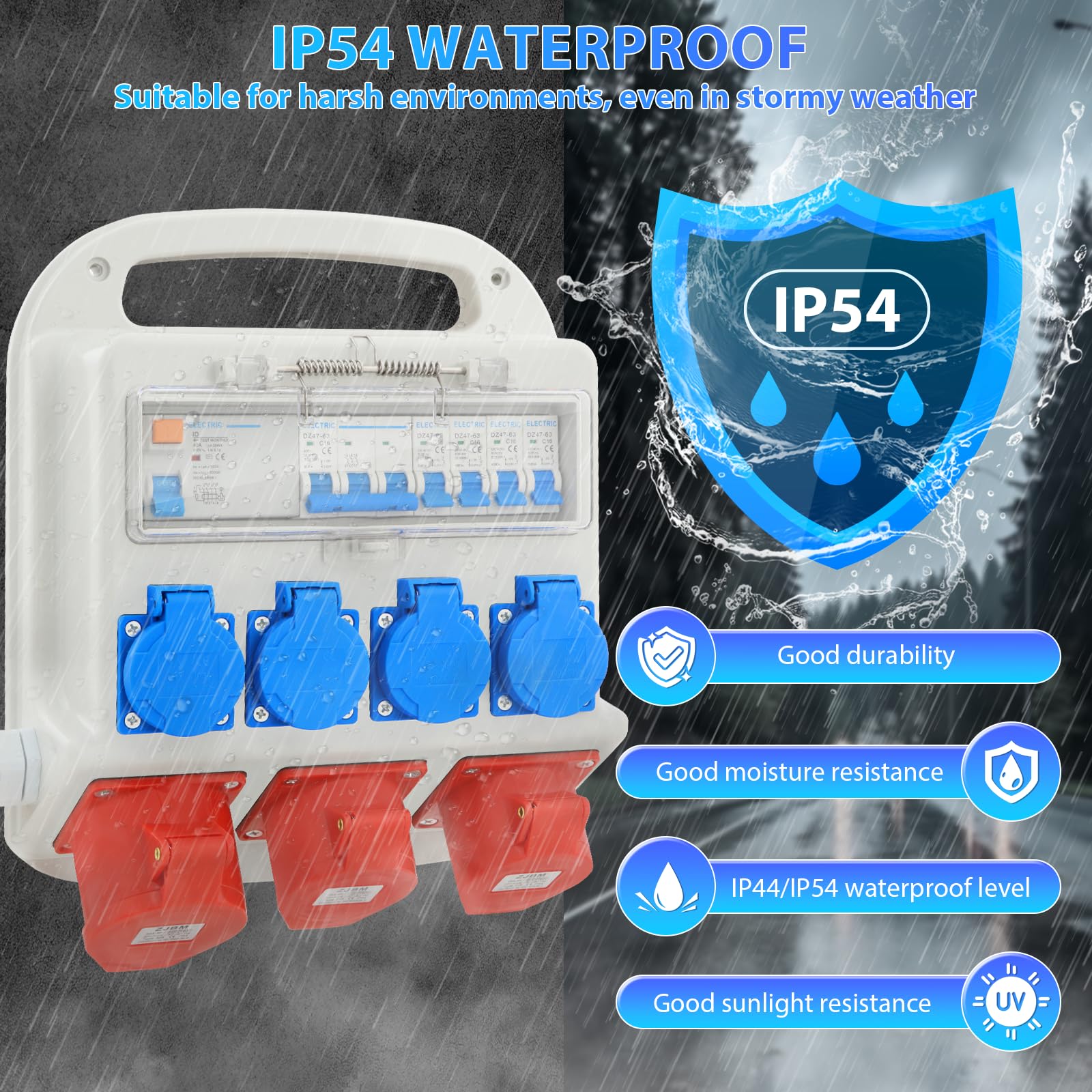 Distributore di corrente CEE 400V 32A, 4 uscite 230V, 2 circuiti 16A, 1 circuito 32A, protezione FI, distributore di potenza IP54, per cantieri edili