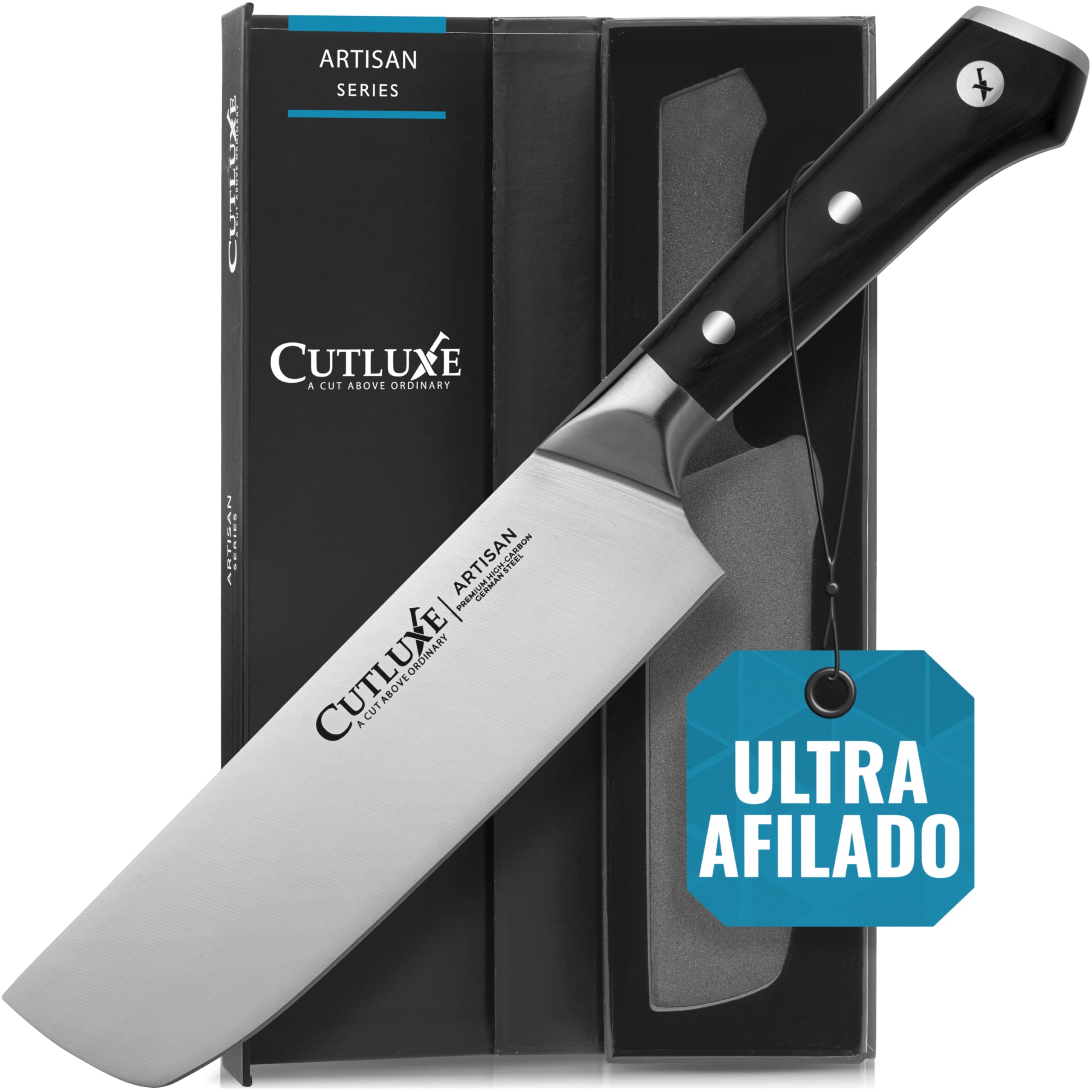 Cutluxe Cuchillo Nakiri – Cuchillo Japones de 18 cm, Cuchillos Cocina Profesional para Picar, Cortar en Cubos y Rebanar – Afilado como una Cuchilla de Afeitar y Espiga Completa – Serie Artisan