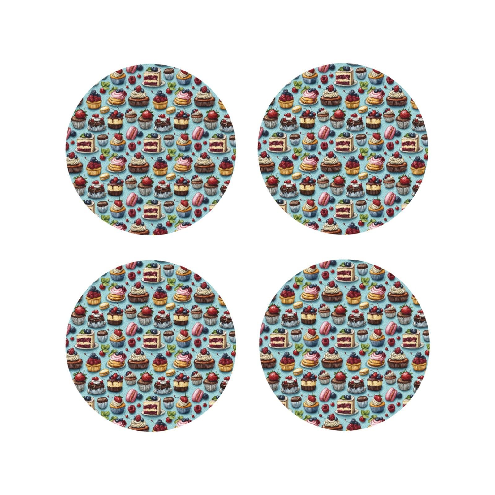 Leather Coasters Set of 4 - Cute Cake Print Lightweight Drink Coasters for Desk