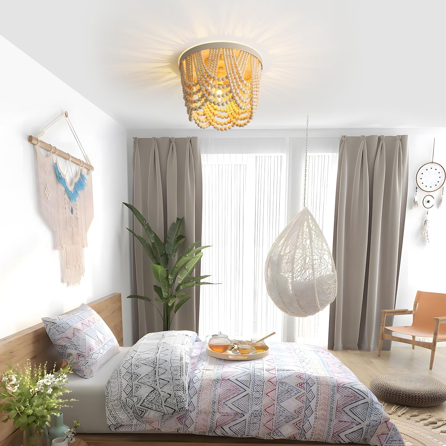 Bohemian Wood Beaded lamp 3-Light recessed Mounted Ceiling lamp Primary Color Antique Rustic mini Chandelier for Dining Room, Bedroom, Girl Room，Nursery, Hallway, Entrance, Passageway