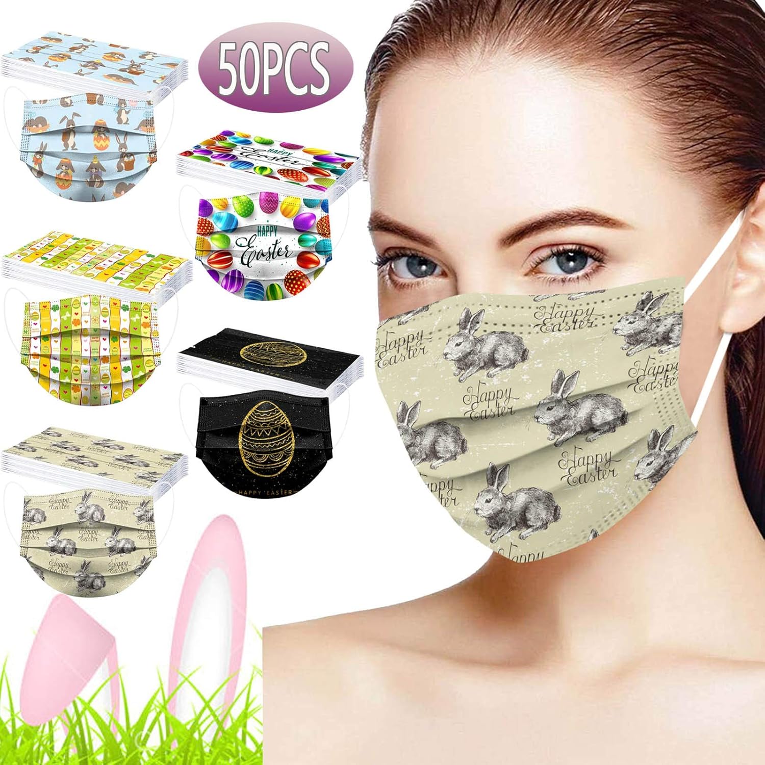 50PC Easter Day Disposable Face_Masks for Unisex Adults,Easter Rabbit