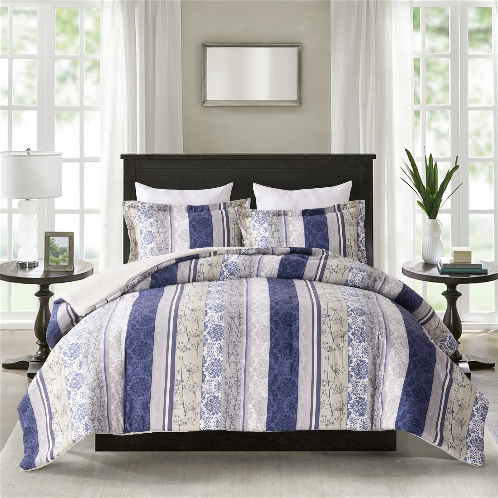 Sunshine Nicole Soft Brushed Microfiber Comforter Set, 7 Pieces Queen, with Light Weight Soft Poly Fill, Printed Dark Blue Grey Florals Face with Light Grey Reverse