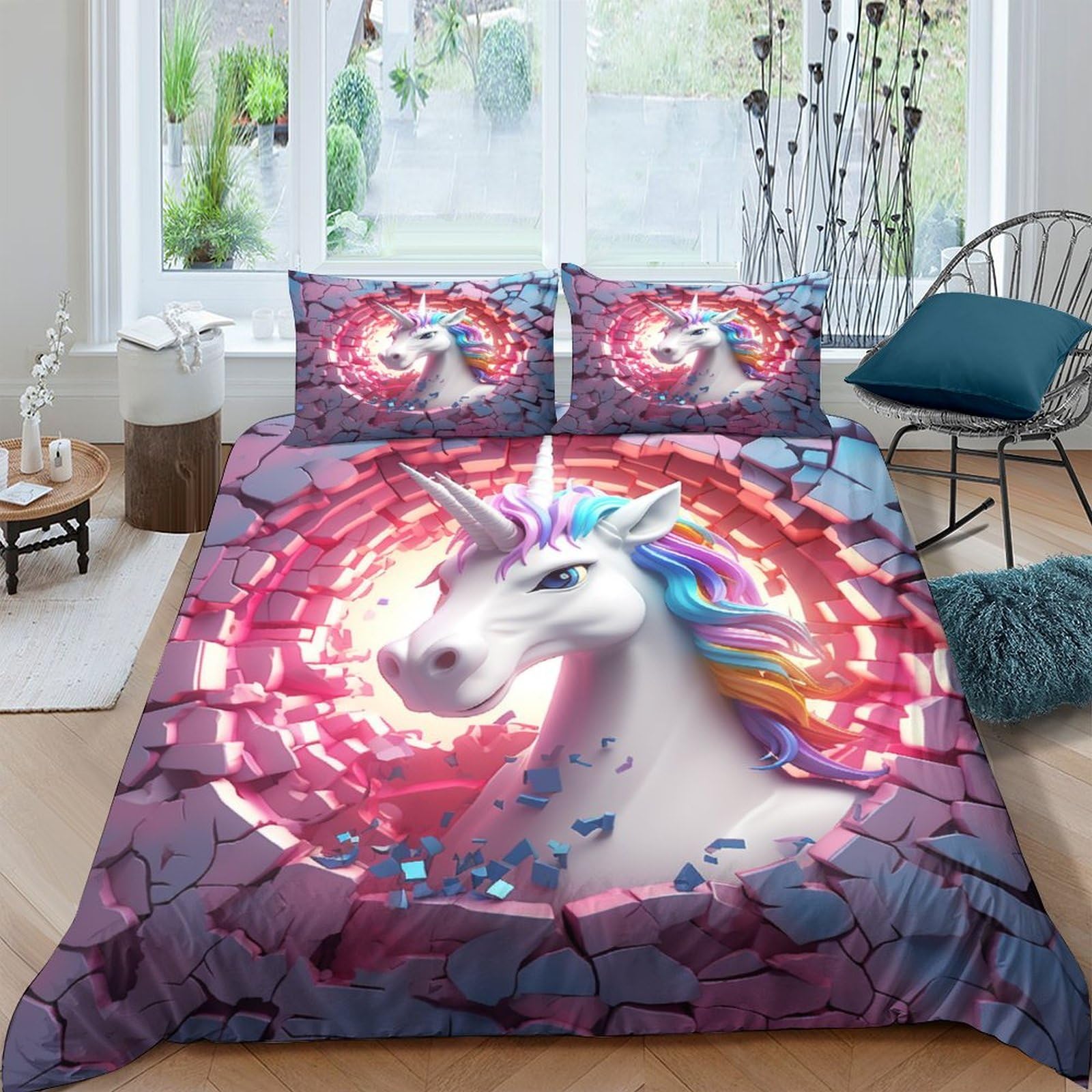 Parure de lit licorne 3D imprimé effet spécial avec housse de couette microfibre
