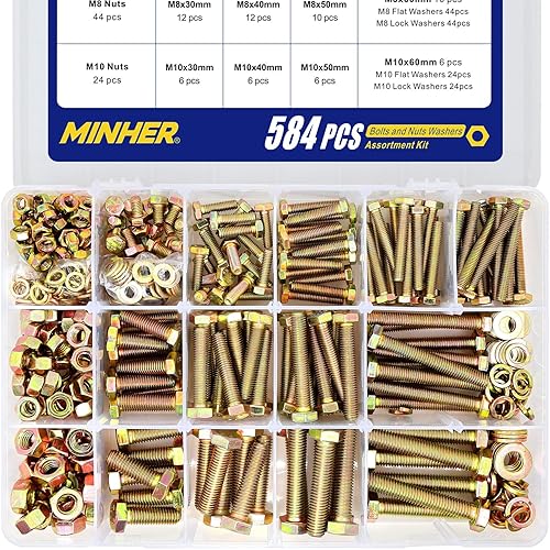 Miniatura 8 de MINHER Kit surtido de 1640 tornillos y tuercas M4 M5 M6, tornillos hexagonales de acero de aleación de grado 8.8, tuercas y arandelas, incluye 15