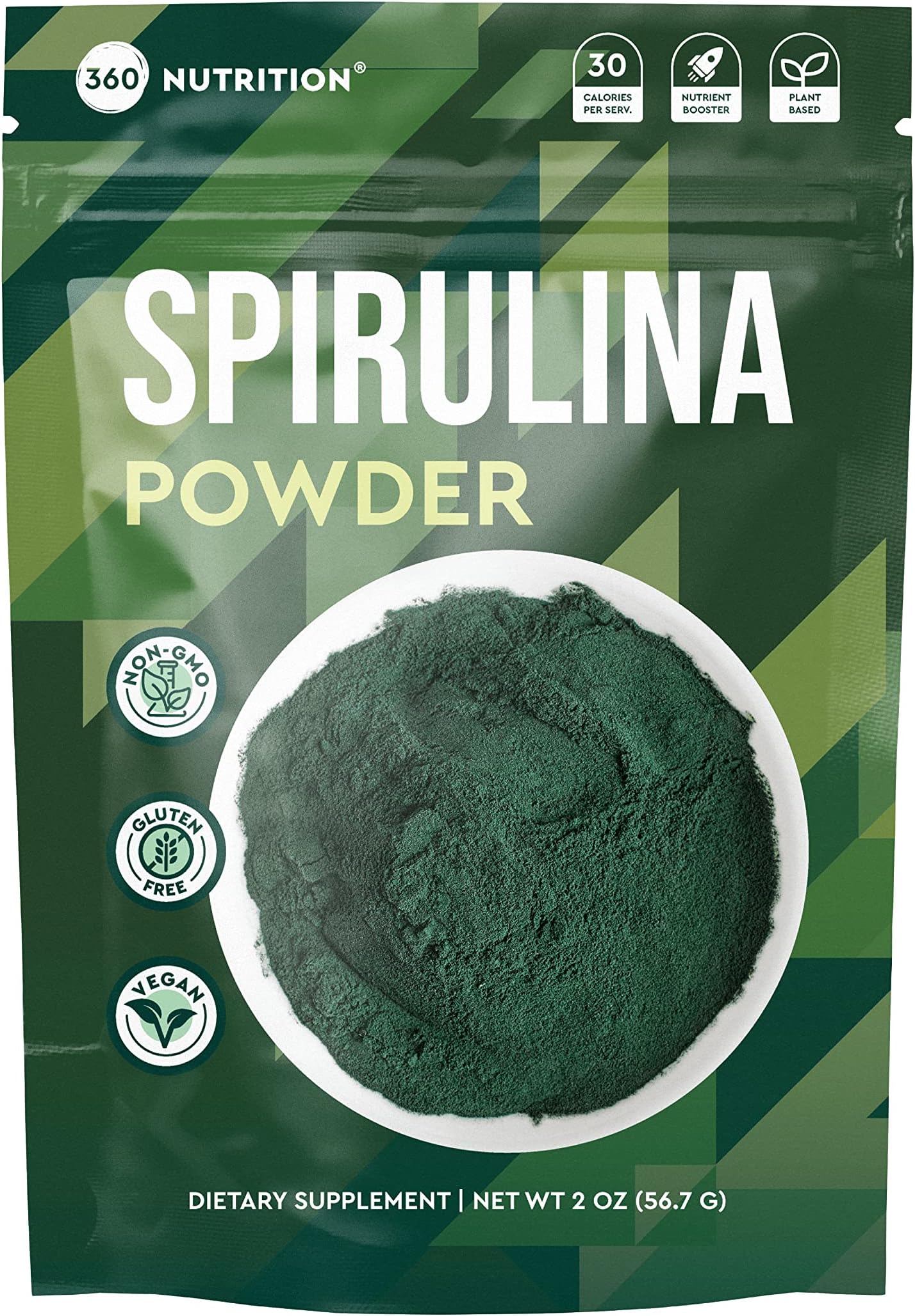 360 Nutrition Spirulina Powder, Vitamin A, B Vitamins, Iron, Protein & Amino Acids, Vegan, Non GMO, for Caffeine Free Energy, Digestive Health, and Immune Support, 6g Plant Based Protein, 2 oz