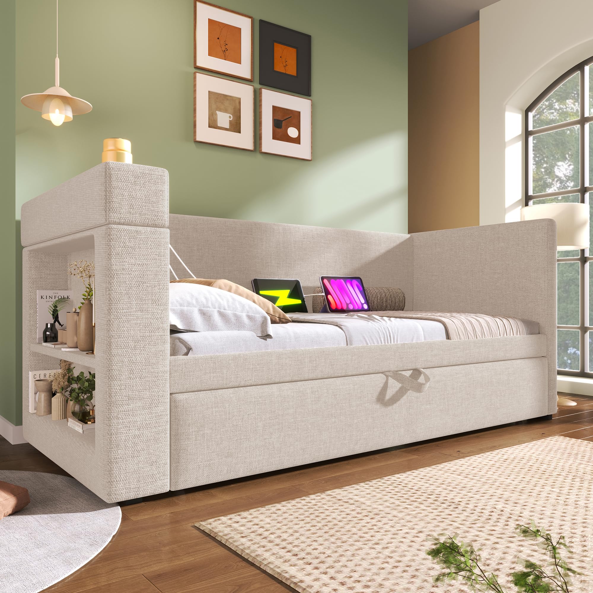 Tapicerowane łóżko dzienne 90 x 190 cm, pojedyncze łóżko, sofa z rozkładanym łóżkiem, podłokietniki z przyłączem USB i Type-C i uchwytem na napoje, tkanina mieszana z lnu, beżowe, bez materaca