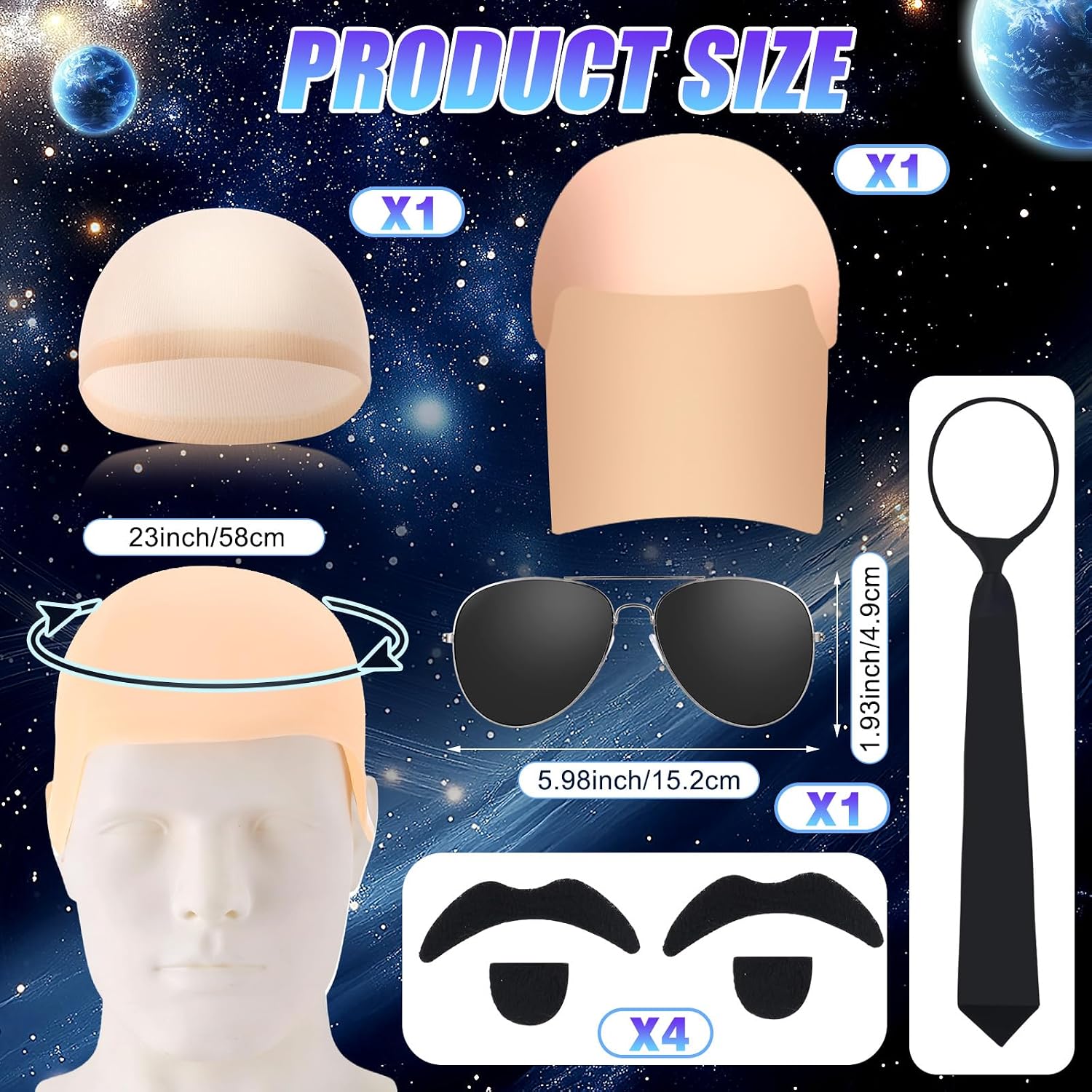 8 Pcs Bald Caps Set with Glasses, Bald Wig Cap Costume Accessories for Halloween Cosplay Role Play (bald cap)