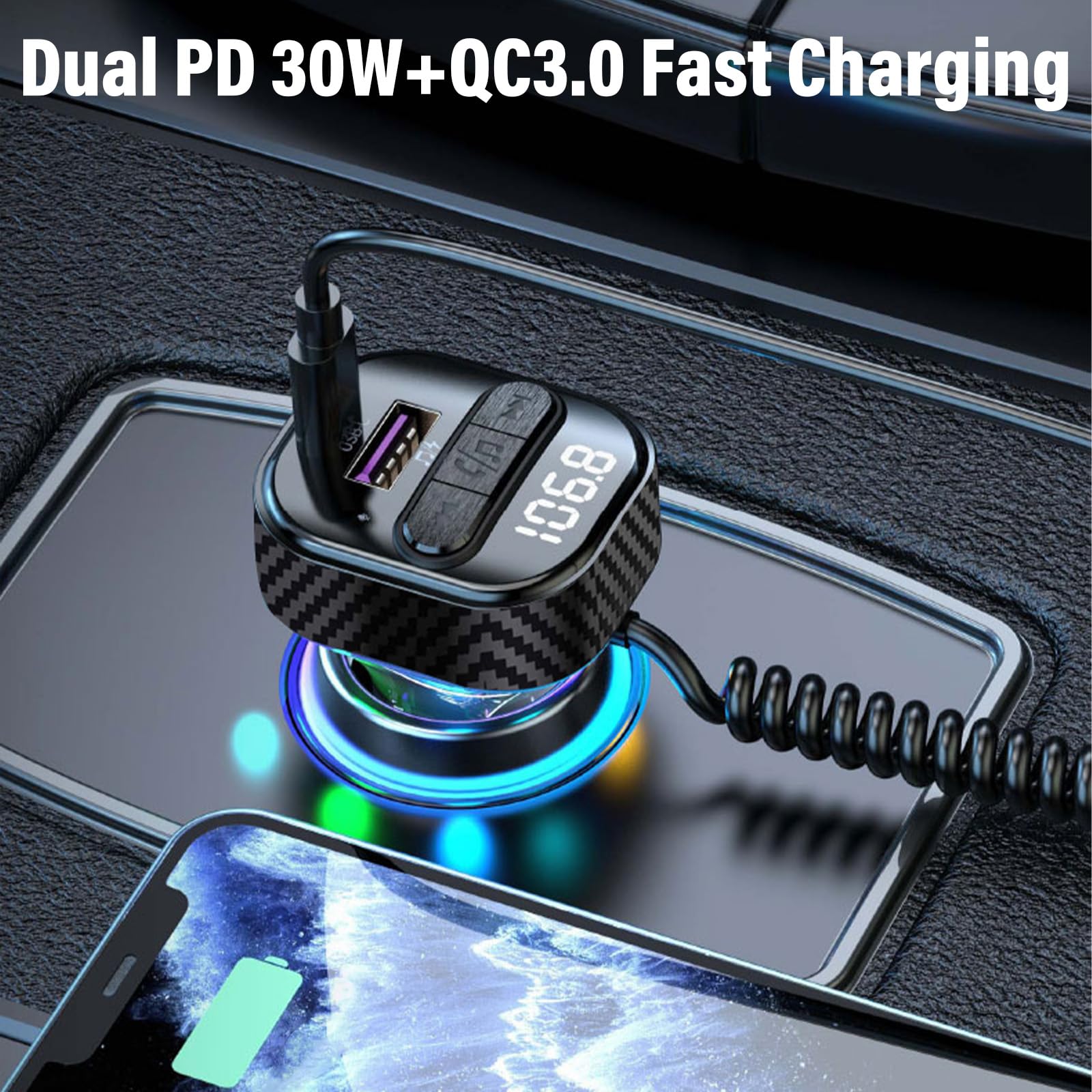 Transmetteur FM Bluetooth 5.3 pour voiture, adaptateur de voiture Bluetooth avec port de chargeur PD de type C (30 W) et câble, port USB QC3.0, émetteur radio FM sans fil, prend en charge les appels