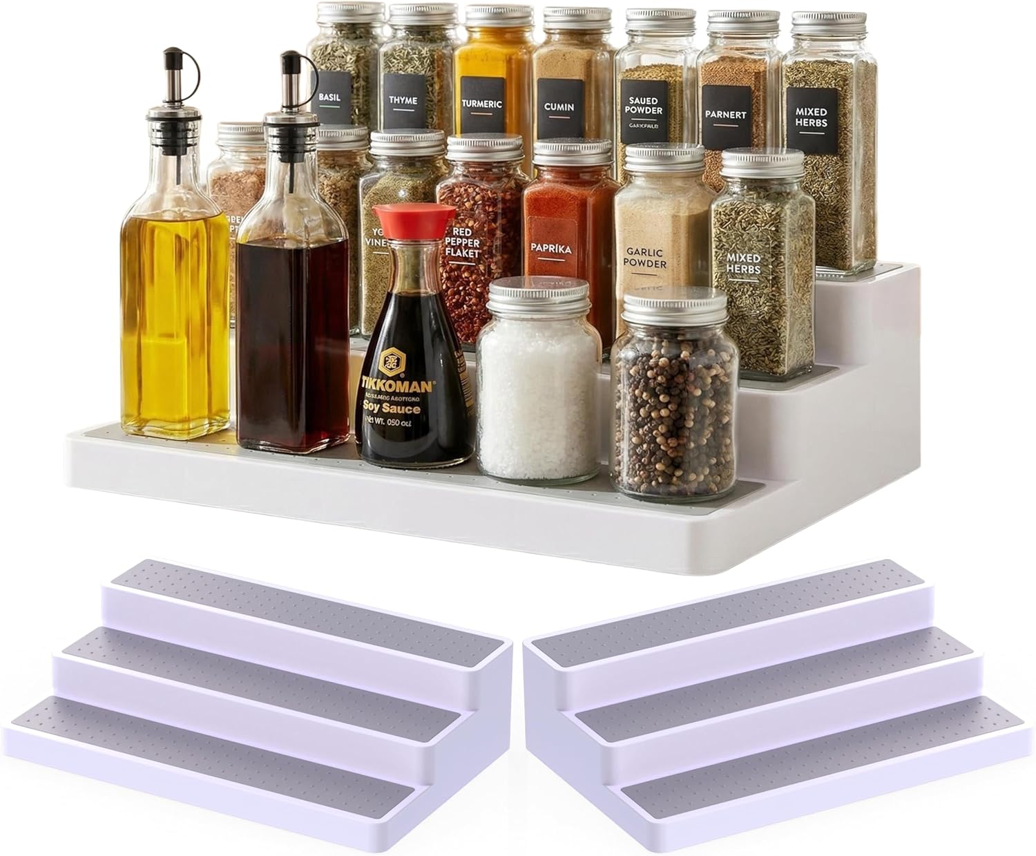 YAN & HIN 3 Tier Spice Rack Organizer for Cabinet, Non-Slip Spice Organizer Shelf for Kitchen Countertop & Pantry, Holds 24+ Jars, Plastic Seasoning Organizer (3 Pack)