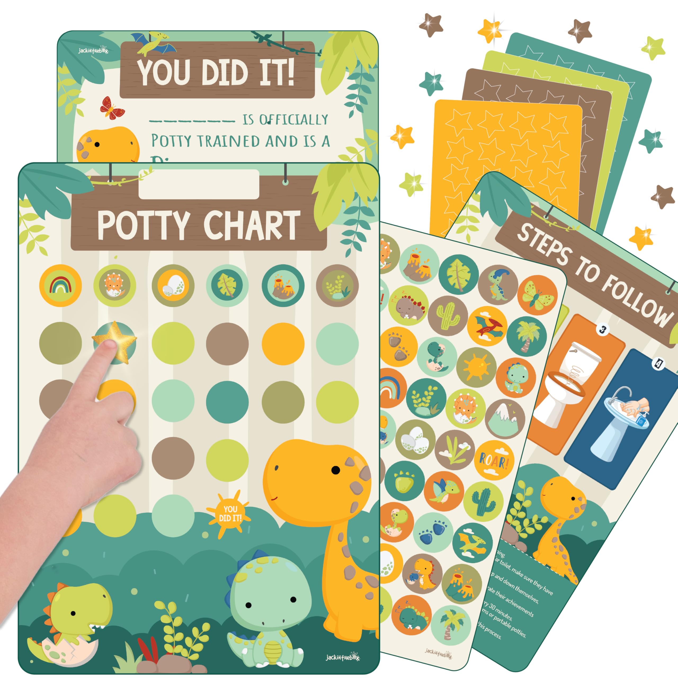 jackinthebox Dinosaur Potty Training Sticker Charts for Toddler Boys & Girls, 100+ Glitter Stickers, 320+ Printed Stickers, Achievement Certificate, Potty Training Kids Reward Chart