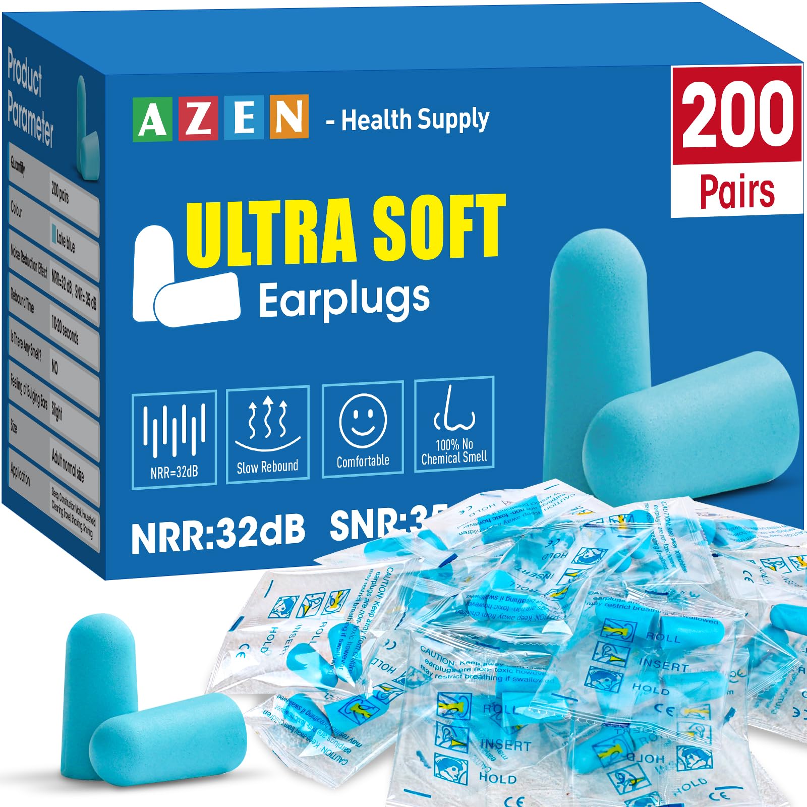 AZEN 200 Pairs Ear Plugs, NRR 32dB Soft Foam Ear Plugs for Sleeping Noise Cancelling, Earplugs for Concerts Shooting Swimming Noise Reduction (Lake Blue)