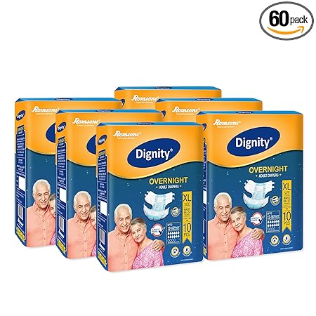Dignity Overnight Adult Diapers Tape Style - 60 Count (Extra Large) with Extra Absorbent Core, Wetness Indicator, Waist Size 48