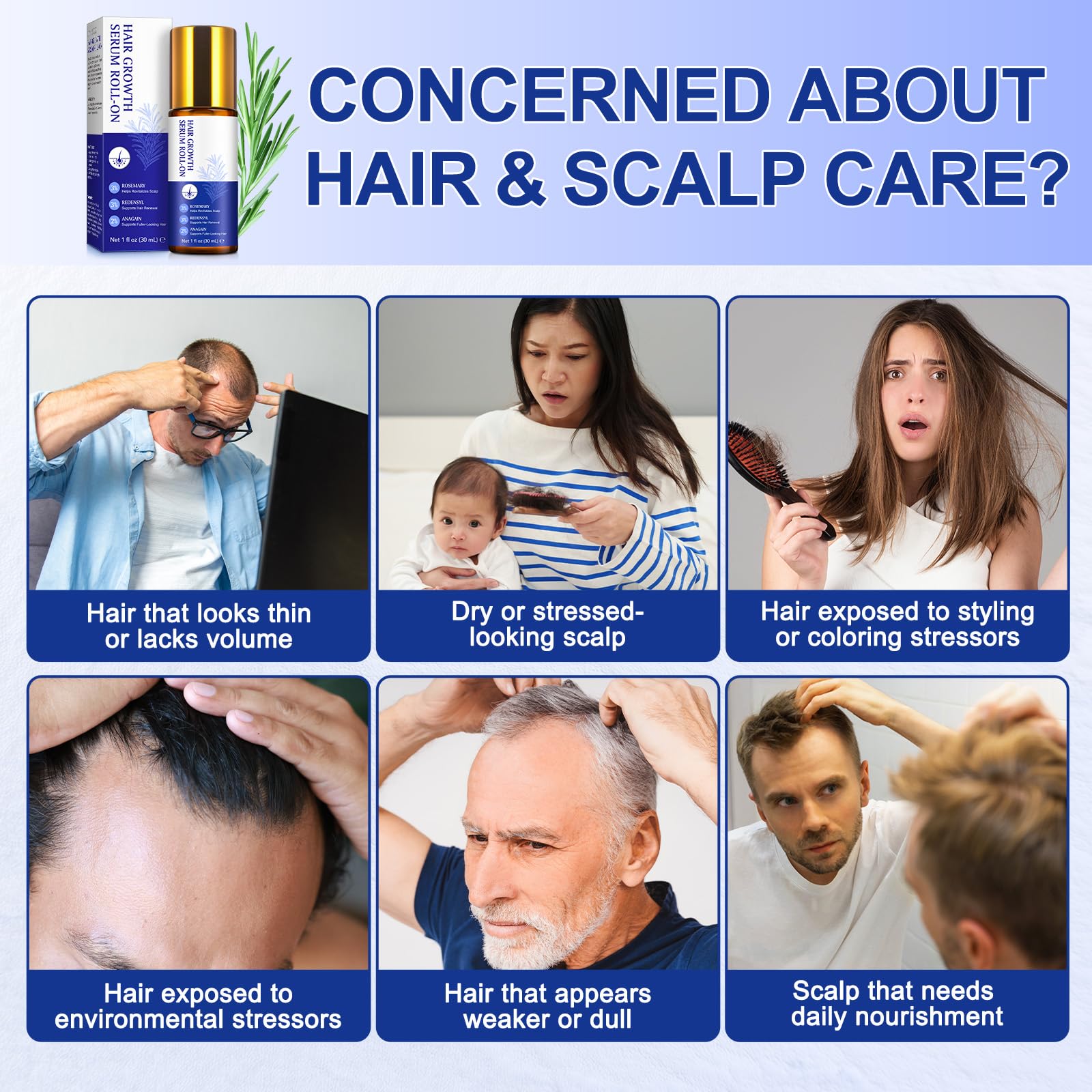 Hair Growth Serum Roll On, Huile et sérum de croissance capillaire au romarin 3%, Redensyl 3%, Anagain 2% - Nourrit les follicules pileux et le cuir chevelu - 30 ml