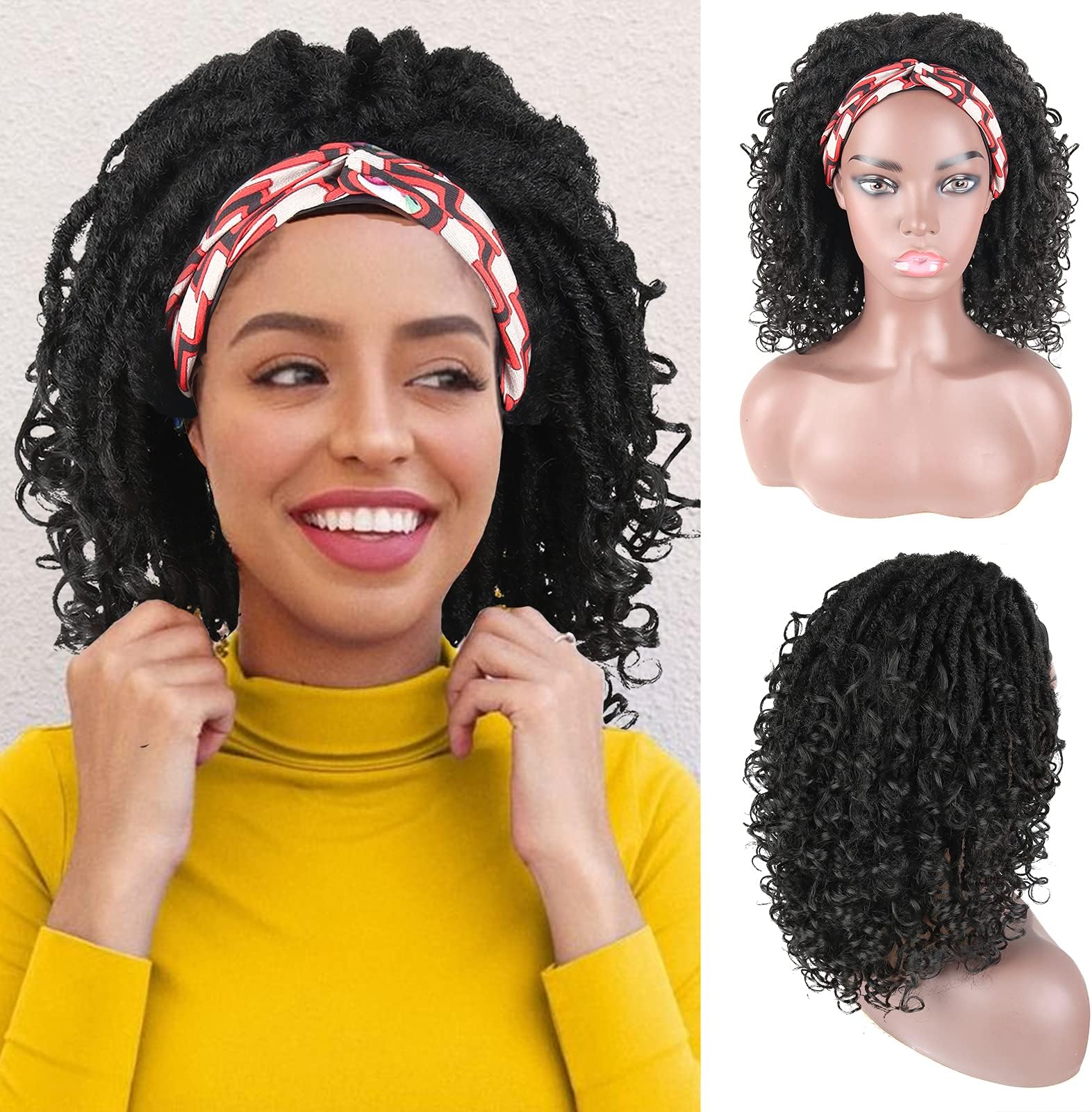 Oseti Dreadlock Wig Headband Wigs for Black Women Box Braid Crochet Twist Hair Dreadlocks with Afro Curly Wigs Ends Braided Faux Nu Locs Short Bob Black Half Wig with Turban Headband Attached 14 Inch