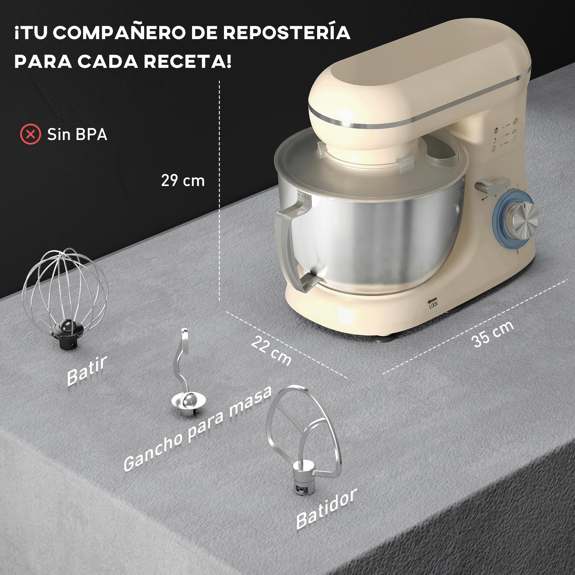HOMCOM Batidora Amasadora 4,5L, Amasadora de Pan 1300W, Amasadora Repostería, 6 Velocidades, Bol de Acero Inoxidable, Batidor, Gancho, Varilla, Protector contra Salpicaduras, Beige
