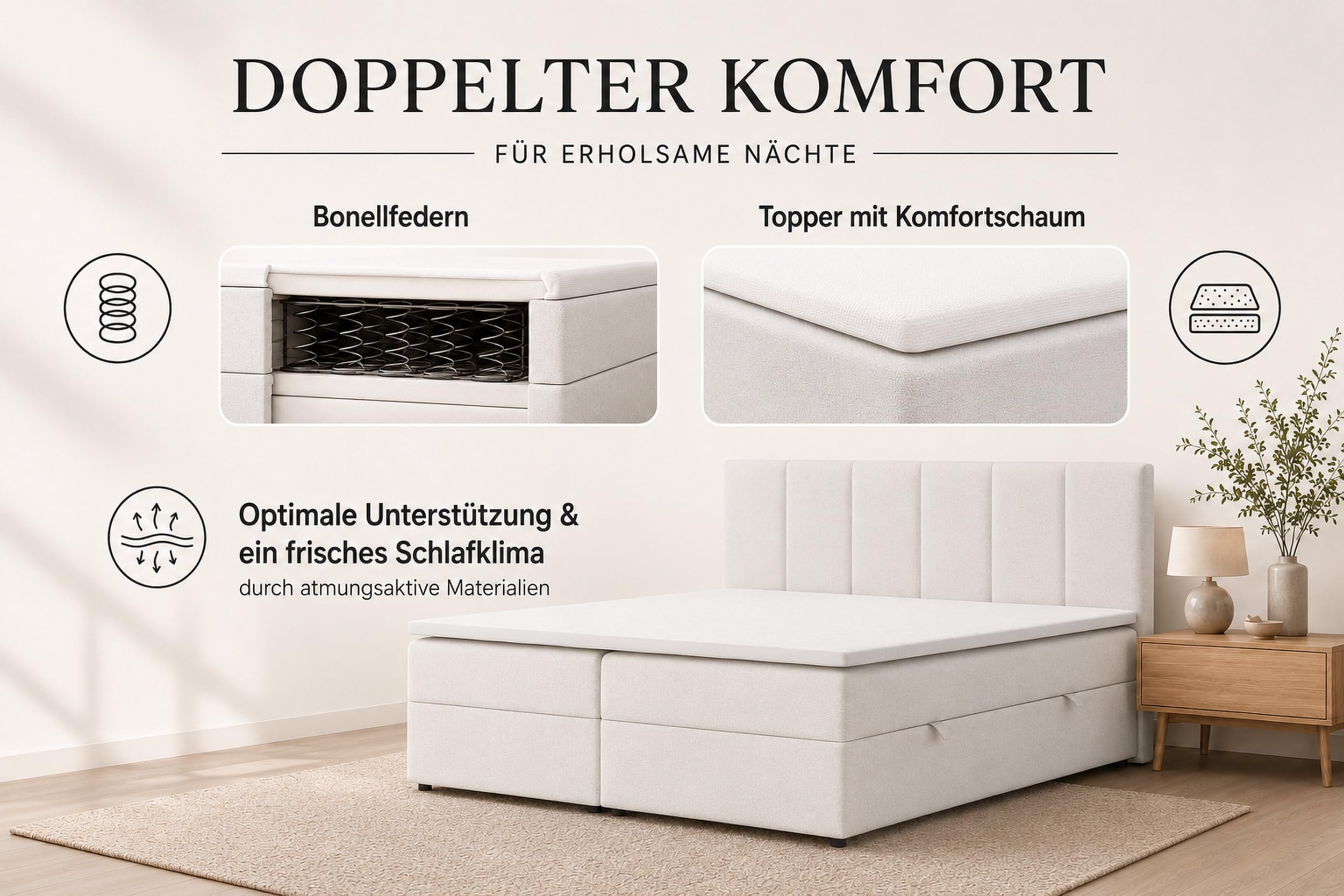 Boxspringbett 180x200 mit Bettkasten, Lisa Doppelbett Beige Velourstoff