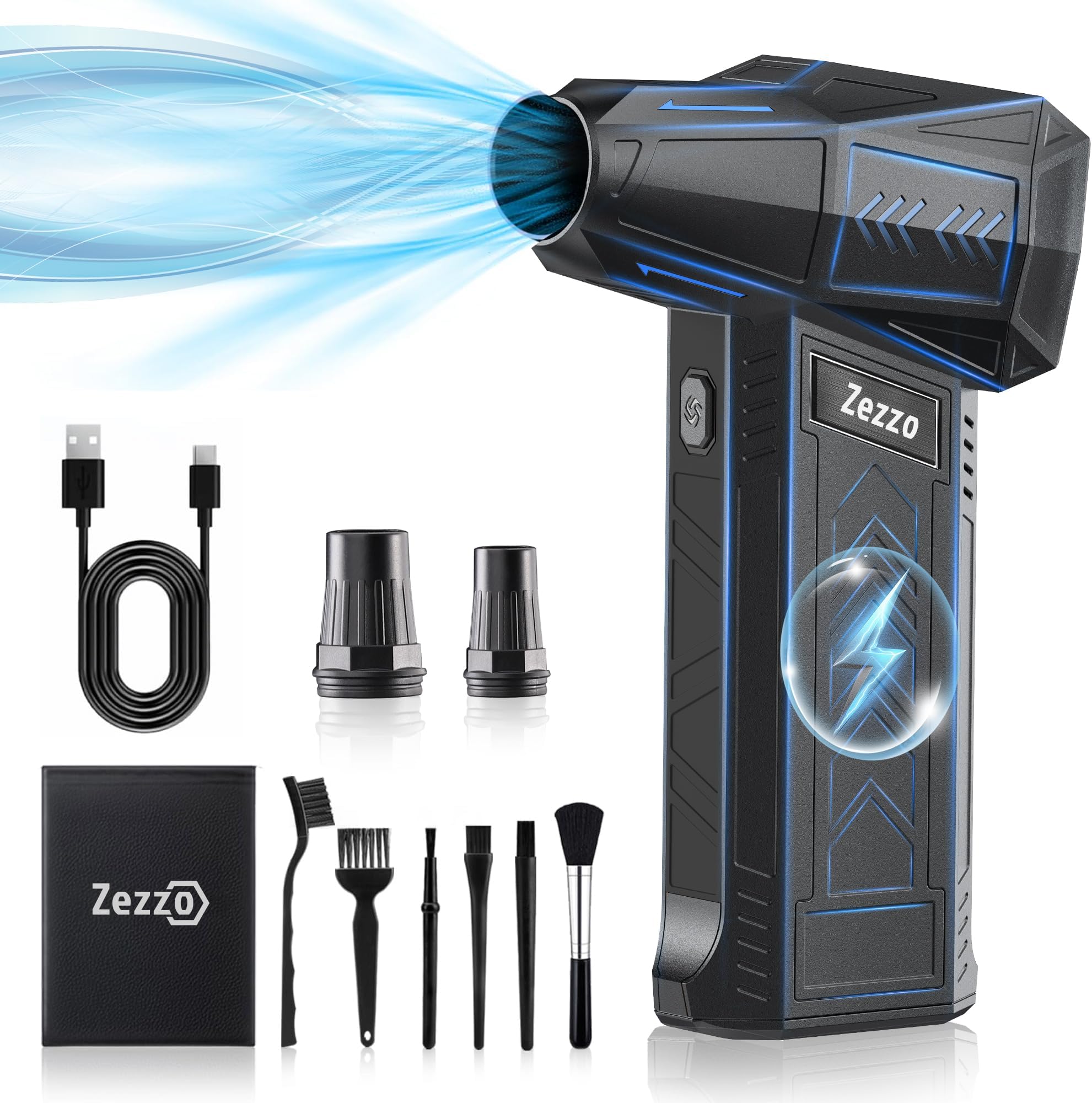 Zezzofan Compressed Air Duster-180000RPM Ultra Powerful Electric Air Duster, 3-Gear Adjustable High Speed Brushless Motor Air Blower for Dust Cleaning PC/Keyboard/Car