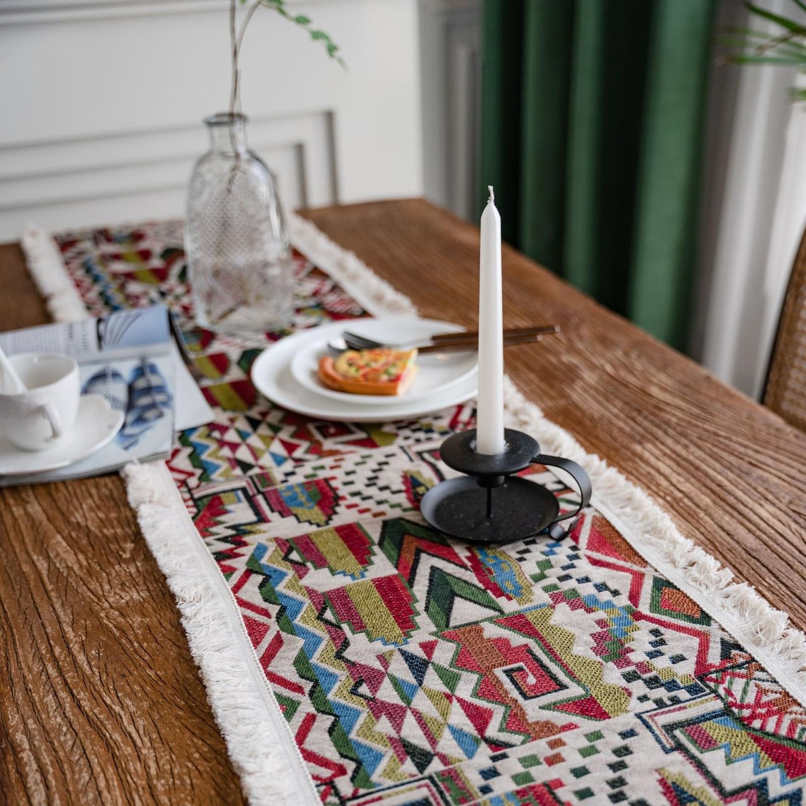 Tischläufer Baumwollleinen Modern, Tischläufer Hochzeit 30x240 cm, Jacquard mit Geometrische Muster und Quasten