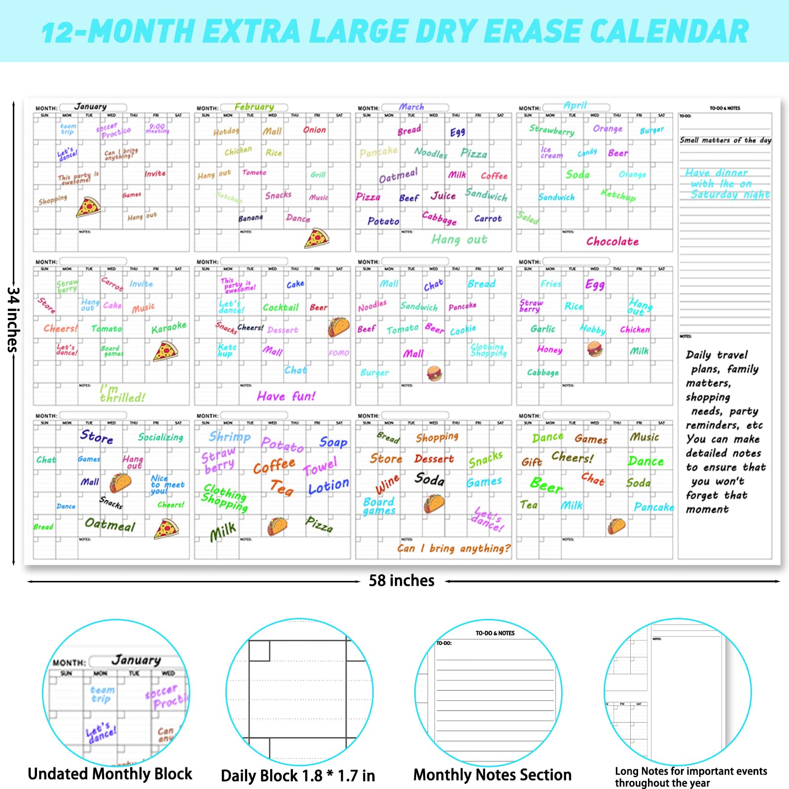 Calendario da parete cancellabile a secco, grande, cancellabile a secco, 86,4 x 147,3 cm, 12 mesi non datato