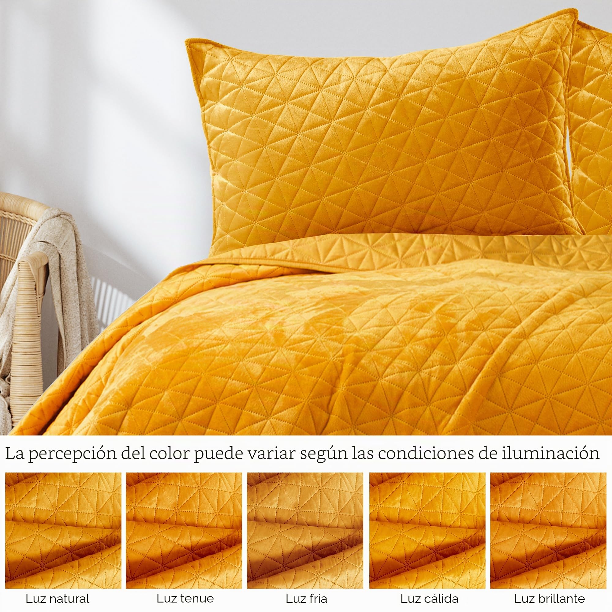 AmeliaHome Colcha de 260 x 280 cm, Color Amarillo Miel, Acolchada, Terciopelo, Laila