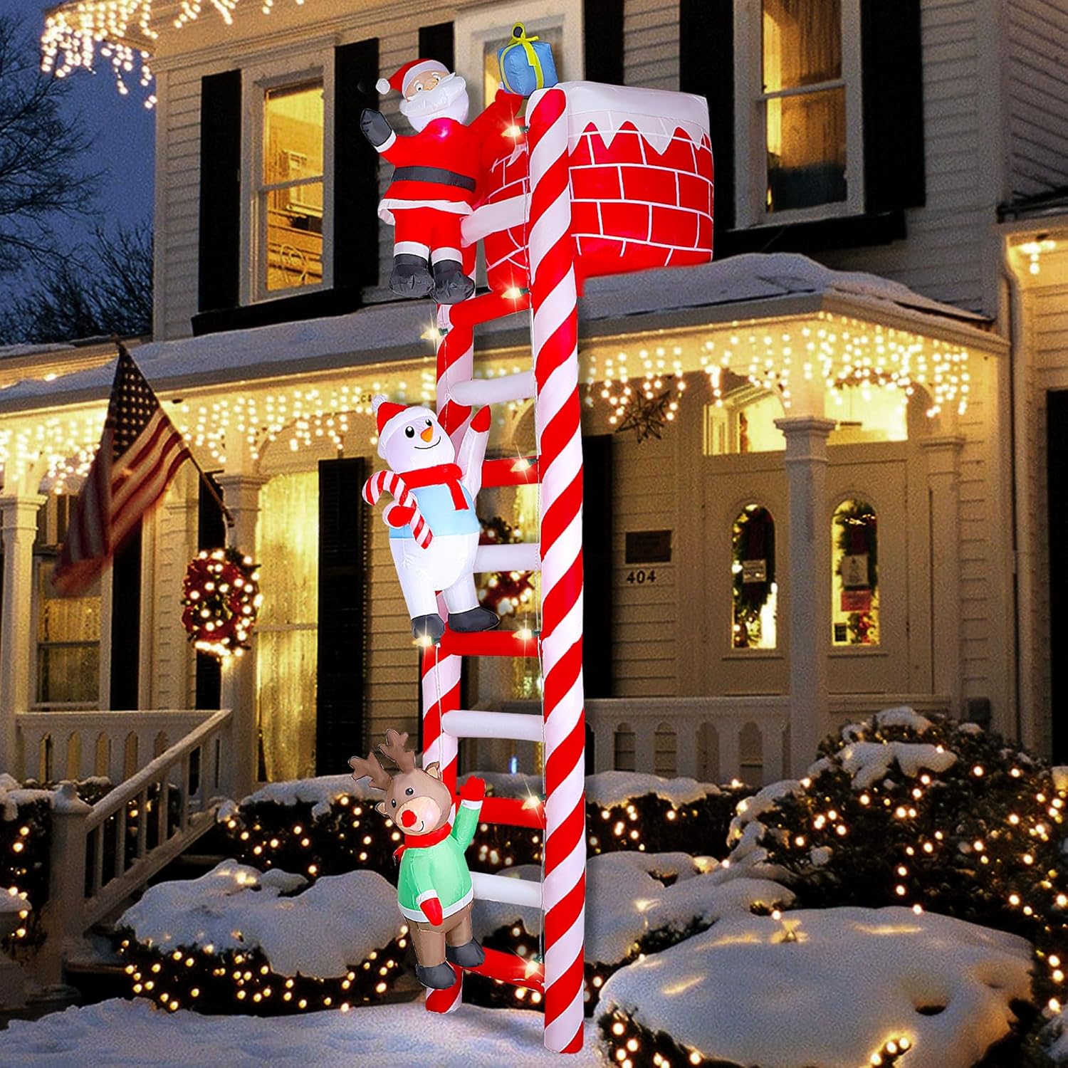 Joliyoou 10FT Christmas Inflatable Decoration, Giant Lighted Ladder to Chimney Climbed with Reindeer Santa Snowman, Xmas Blowups with C7 String Lights for Winter Holiday Roofs Decor