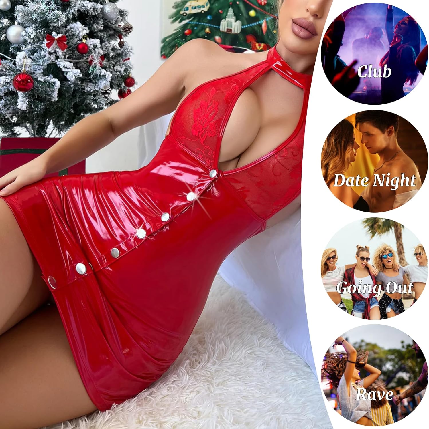 Women's Sexy Bodycon Lingerie, Halter V Neck Mesh Cup Teddy Mini Shiny Patent Leather Dress for Date, Club, Party - Image 7