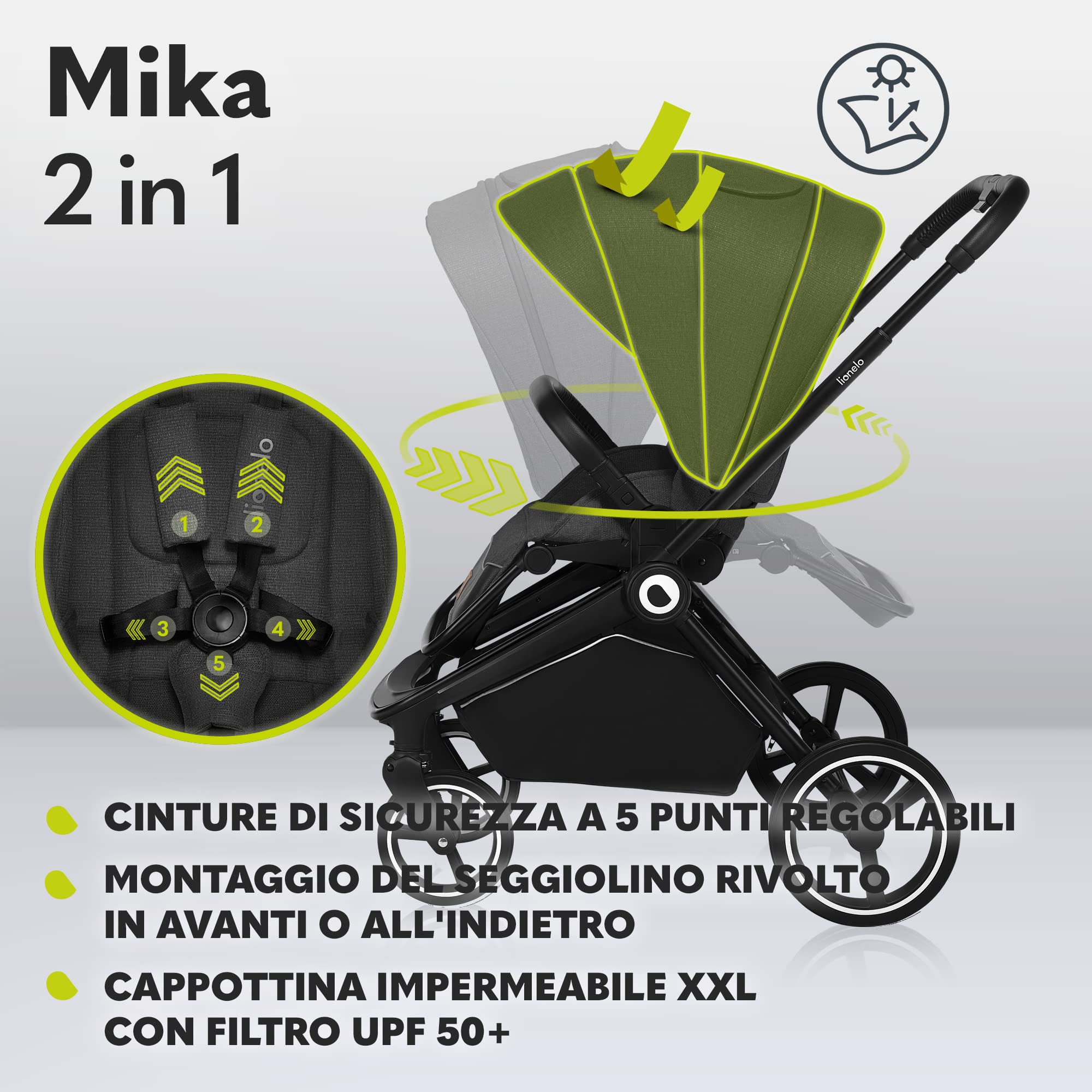 LIONELO Mika Passeggino 2in1 Duo Passeggino da 0 fino a 48 mesi con Seduta secchiello + Navicella per neonato e bambini a 22 kg Regolabile, pieghevole e leggero, Ruote grandi, Cappotina XXL Accesori | Seduta Passeggino, Schienale Regolabile, Pieghevole e
