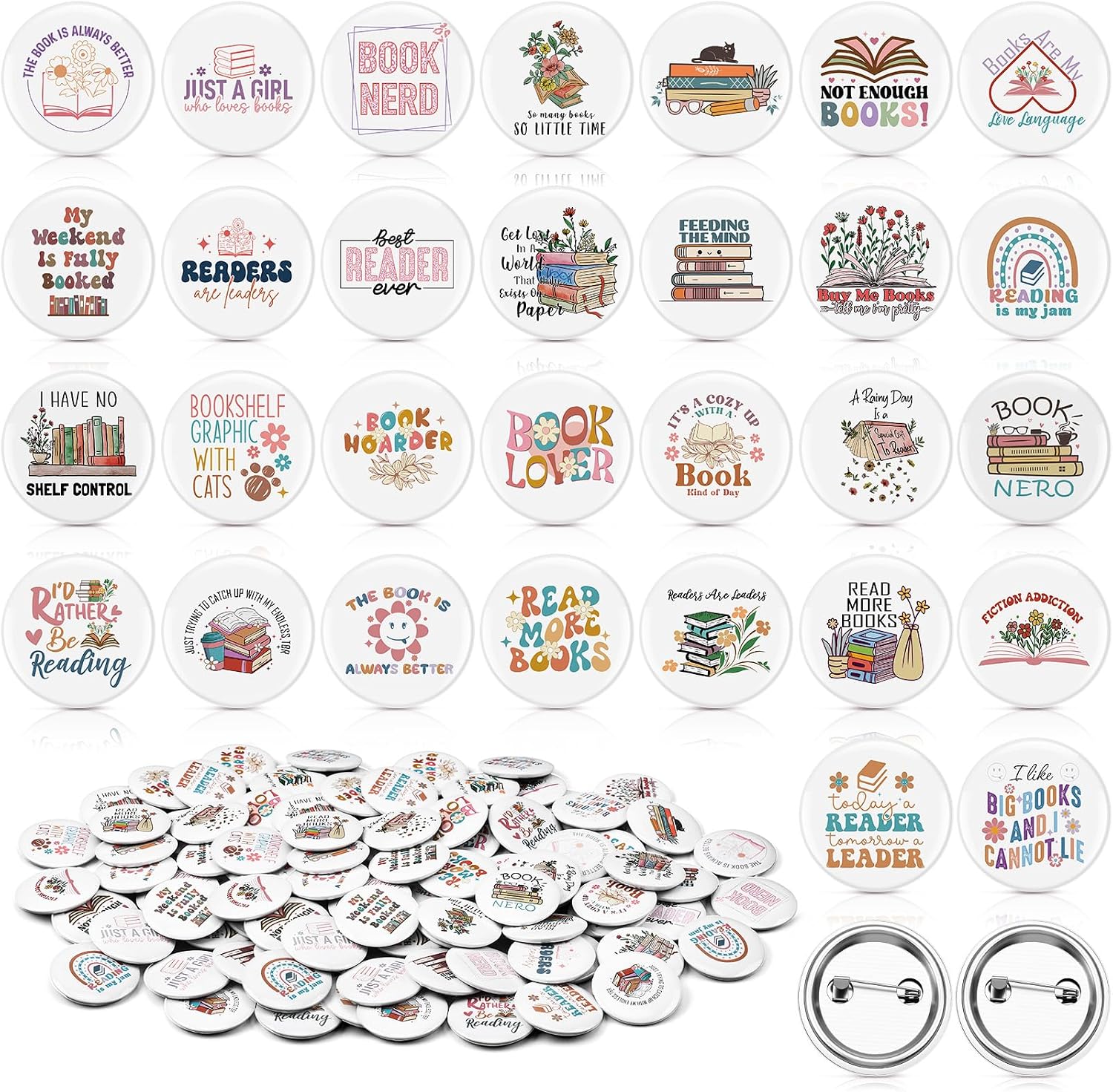 Suncalla 60 Pcs Bookish Pins Book Lover Skull Spooky/Flower/Boho Graduation Gift Buttons Pins for Backpacks with Secure Back for Bookworms, Librarians & Readers Students, Educators