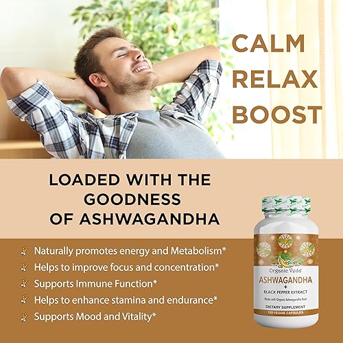 Miniatura 6 de Organic Veda Suplementos de Ashwagandha, 1500 mg - Cápsulas de Ashwagandha con extracto de pimienta negra - Hecho de raíz de Ashwagandha pura 100%