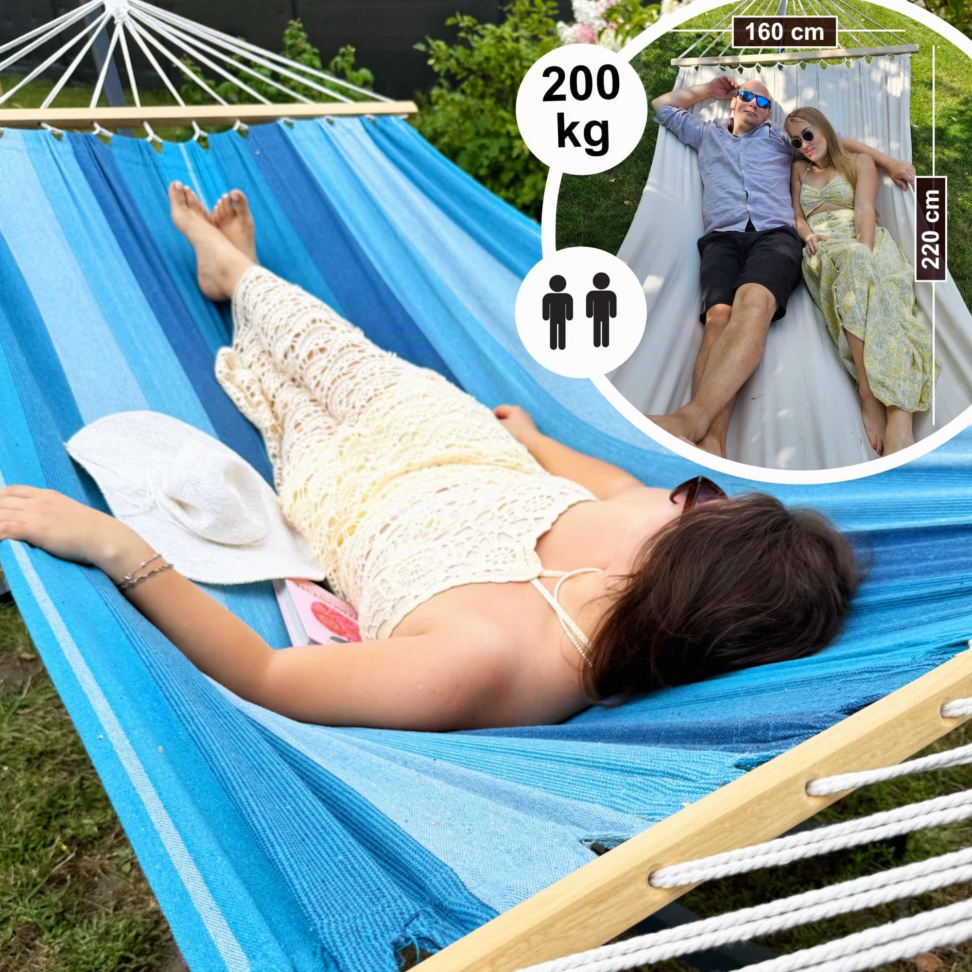 Potenza Outdoor Hängematte mit Gestell für 2 Personen I Stabhängematte XXL 220x160, 200kg I Hängemattengestell 220kg Wetterfest (Blau, Basic Gestell Graphit)