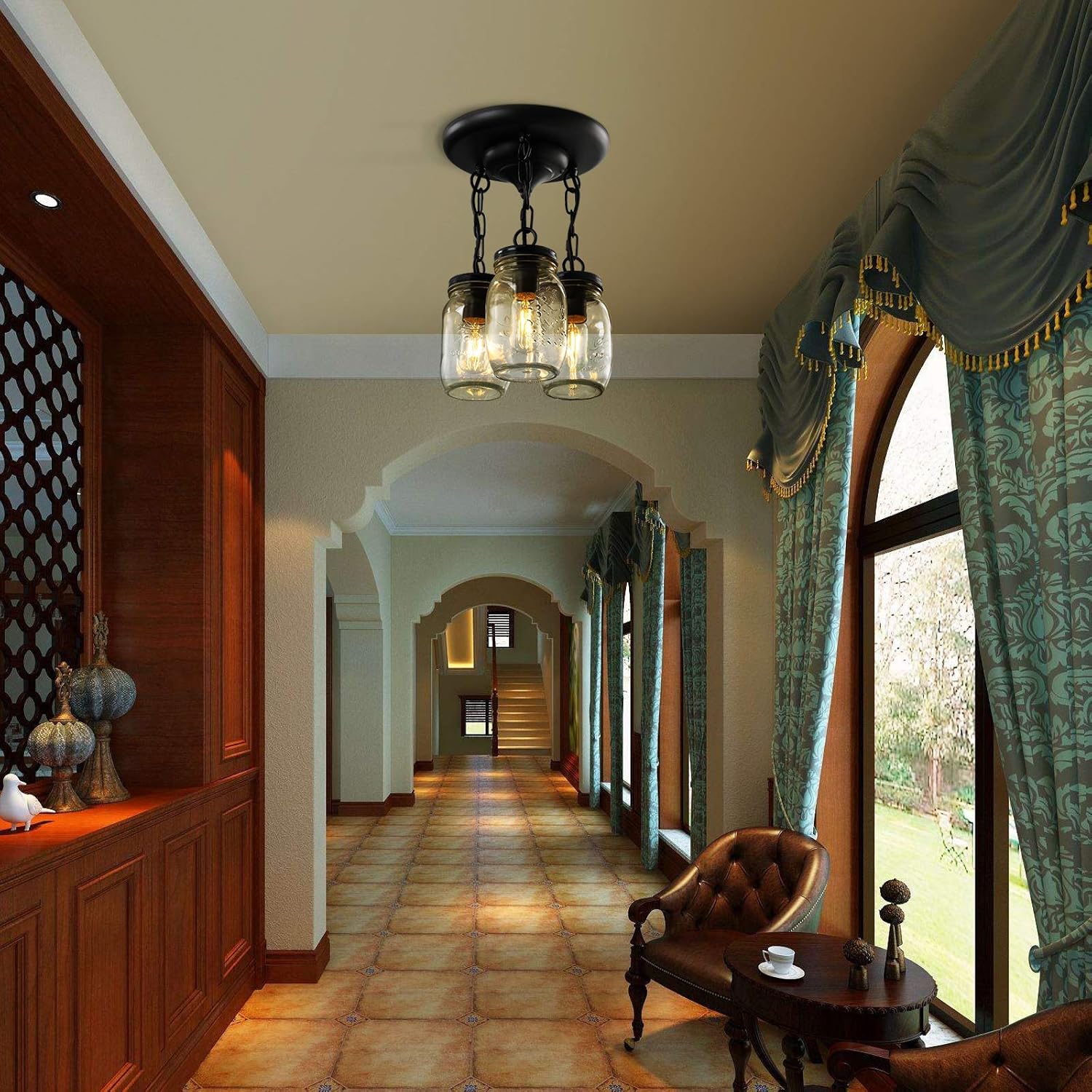 Suреr Chеар 🛒 Mason Jar Ceiling Light Fixtures, 3-Light Farmhouse Glass Ceiling Hanging Lights, Black Country Semi Flush Mount Ceiling Light for Hallway Kitchen Entryway Dining Room