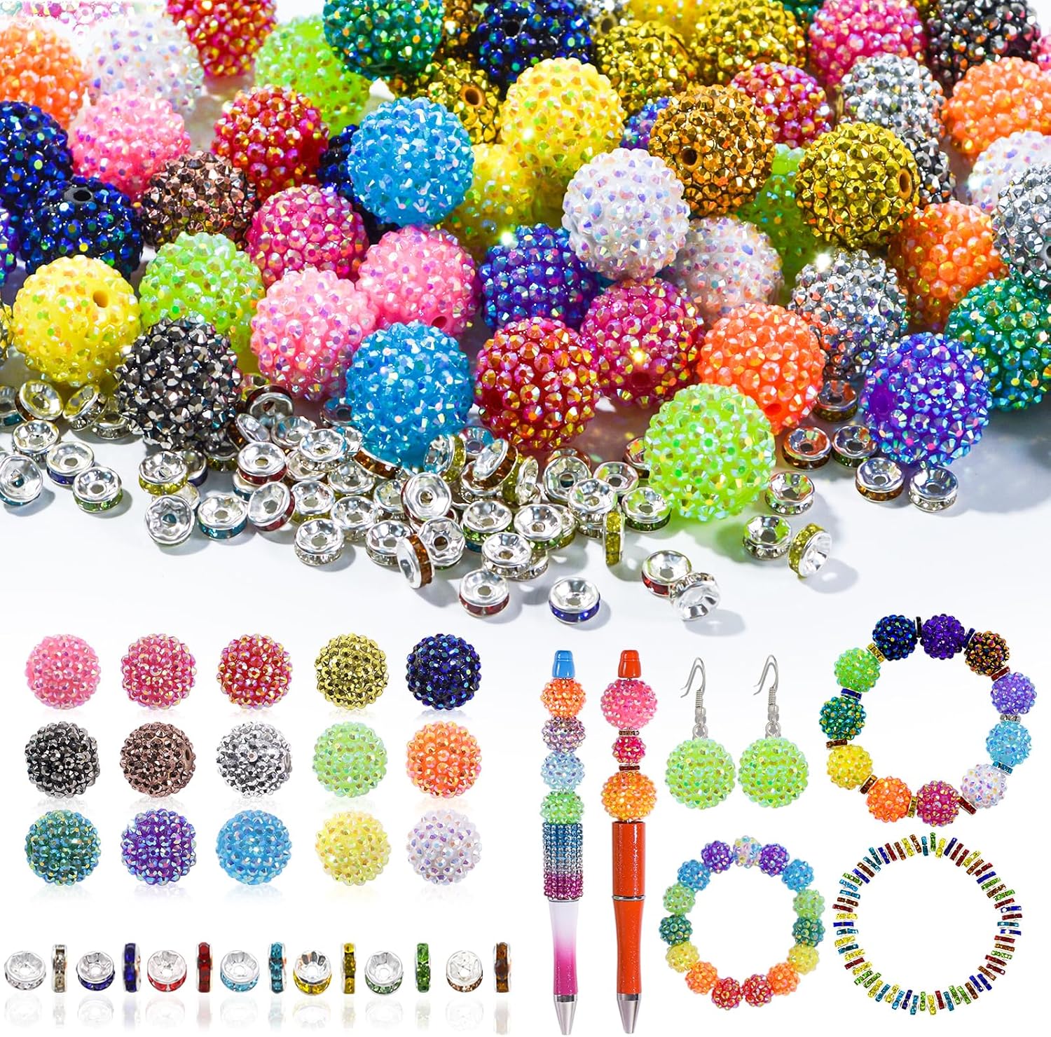 20mm Beads for Pens - 20 Pcs Rhinestone Beads and 220 Pcs Spacer Bead for Beadable Pens - Glitter Acrylic Bubblegum Round Bling Focal Bead for Bracelets - Beaded Pen Supplies (Colorful)