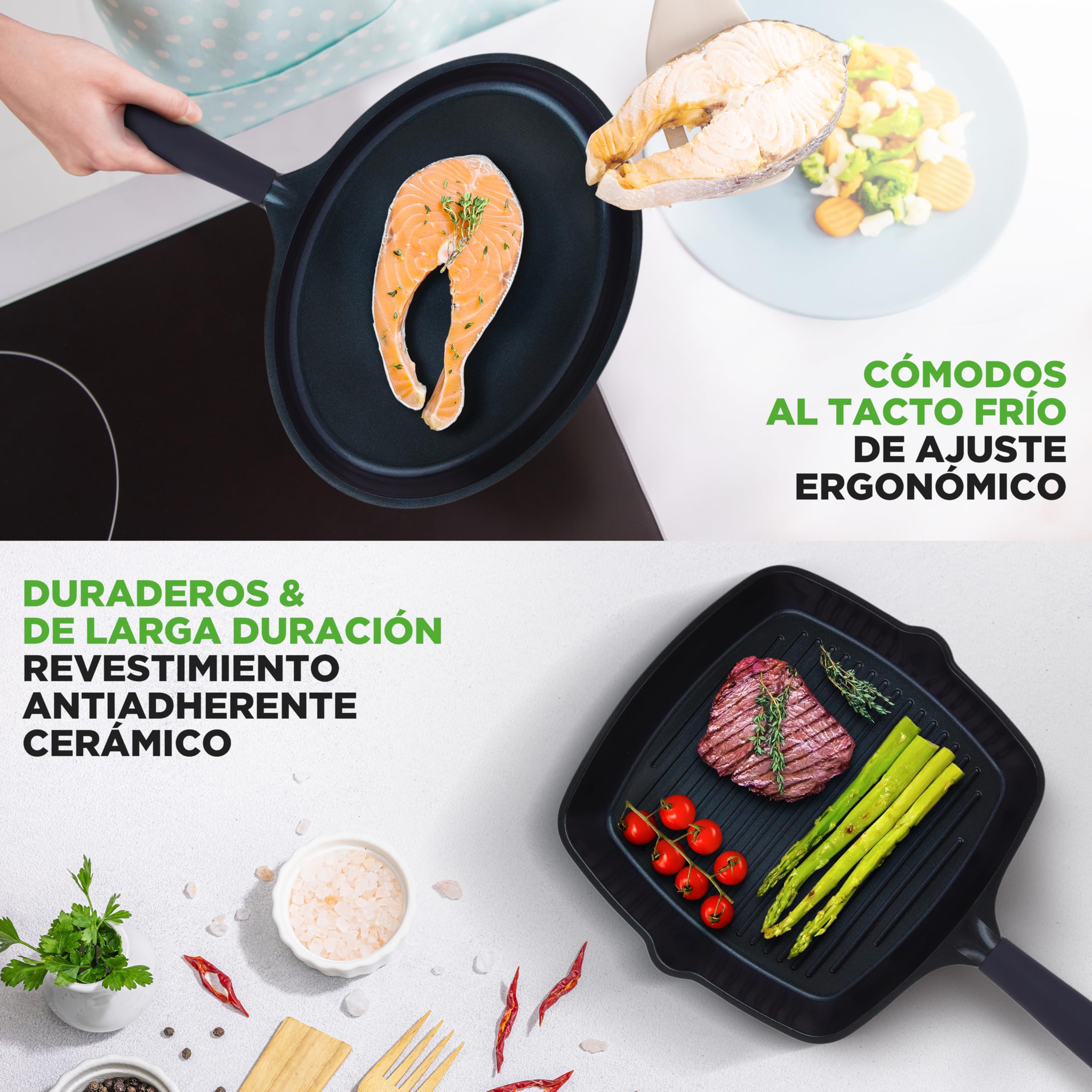 Nutrichef sartenes antiadherentes, Para grill, Freír y Pescado, Wok, 5 piezas, Recubrimiento ceramico, Compatibles con todo tipo de cocinas, Faciles de limpiar