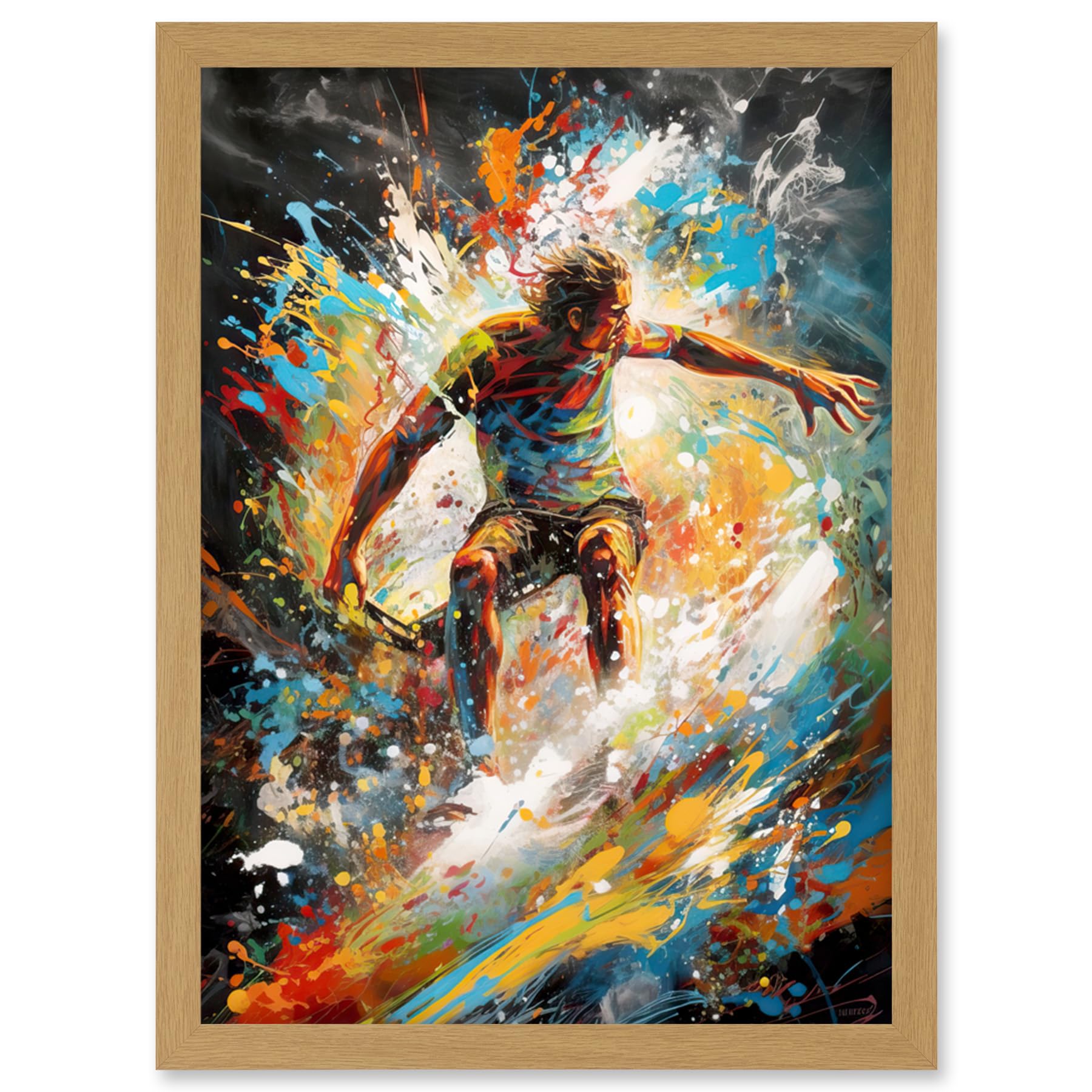 Artery8 Surfer Surfing on Crashing Waves Splatter Paint Artwork Framed Wall Art Print A4