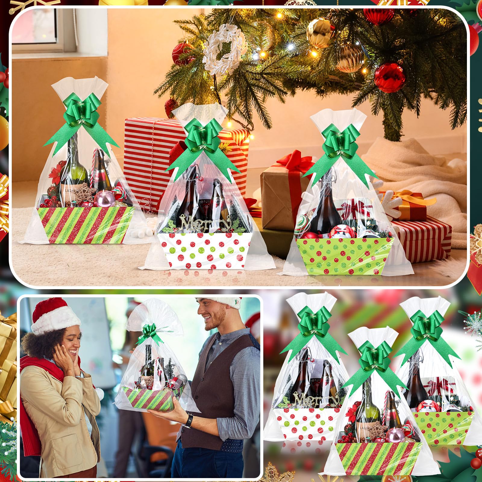 Yeaqee 36 cestas vacías de regalo de Navidad de 8 x 10 pulgadas, 12 unidades, color rojo y verde, con lazos verdes, a granel, caja de regalo de Navidad para Navidad, vacaciones, bodas, aniversarios,