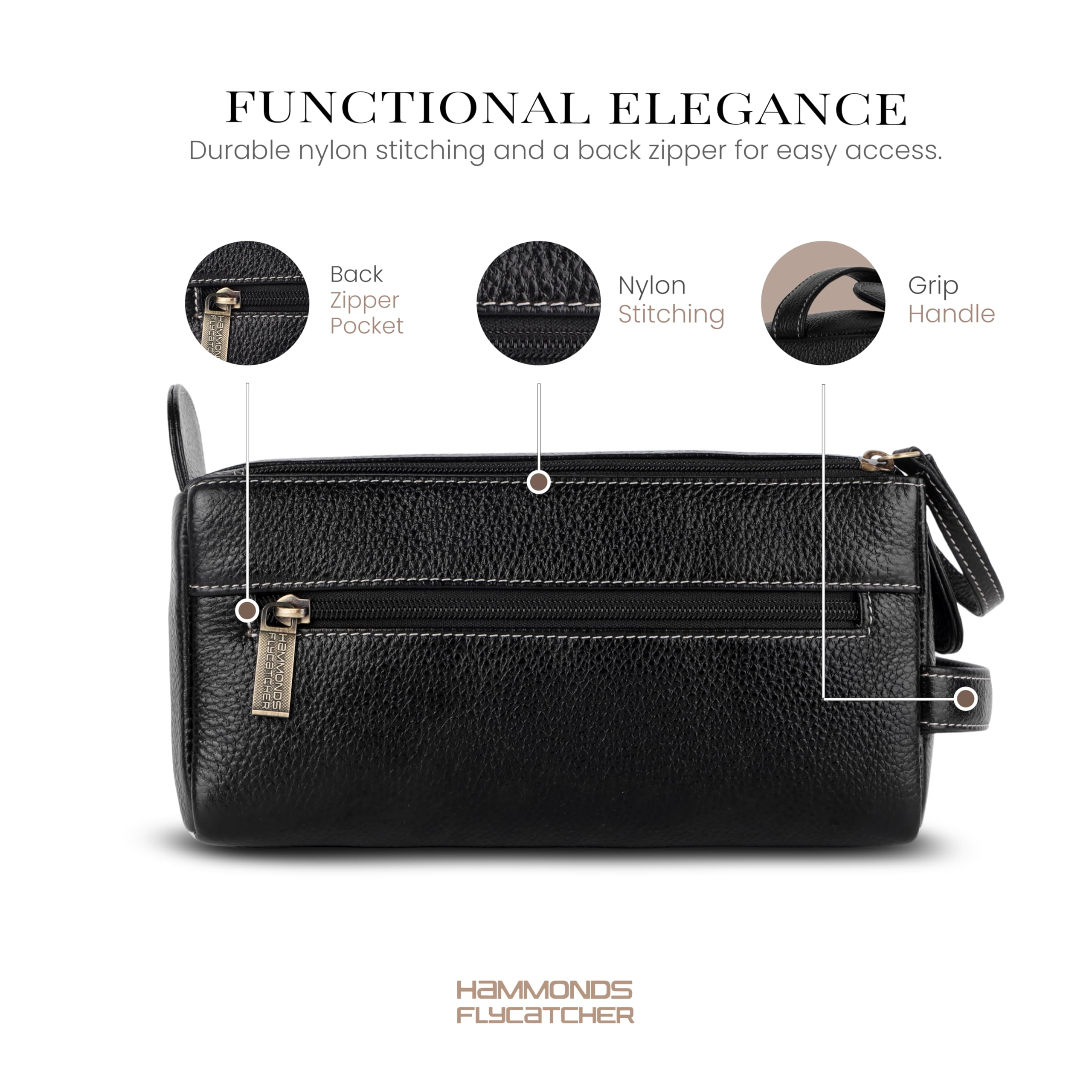 HAMMONDS FLYCATCHER Neceser de viaje unisex de piel auténtica para adultos, estuche de aseo de viaje, organizador de higiene y aseo, piel libre de crueldad animal y cosido a mano, color negro, Black