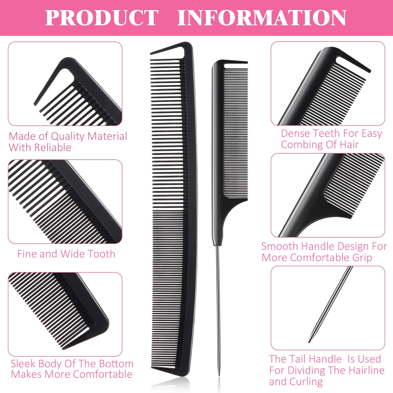 Juego de 8 peines de cola de rata para mujer, juego de peines de dientes finos y anchos, fibra de carbono, corte y cola de pintail, suministros de peluquería para trenzas, salón de belleza 5