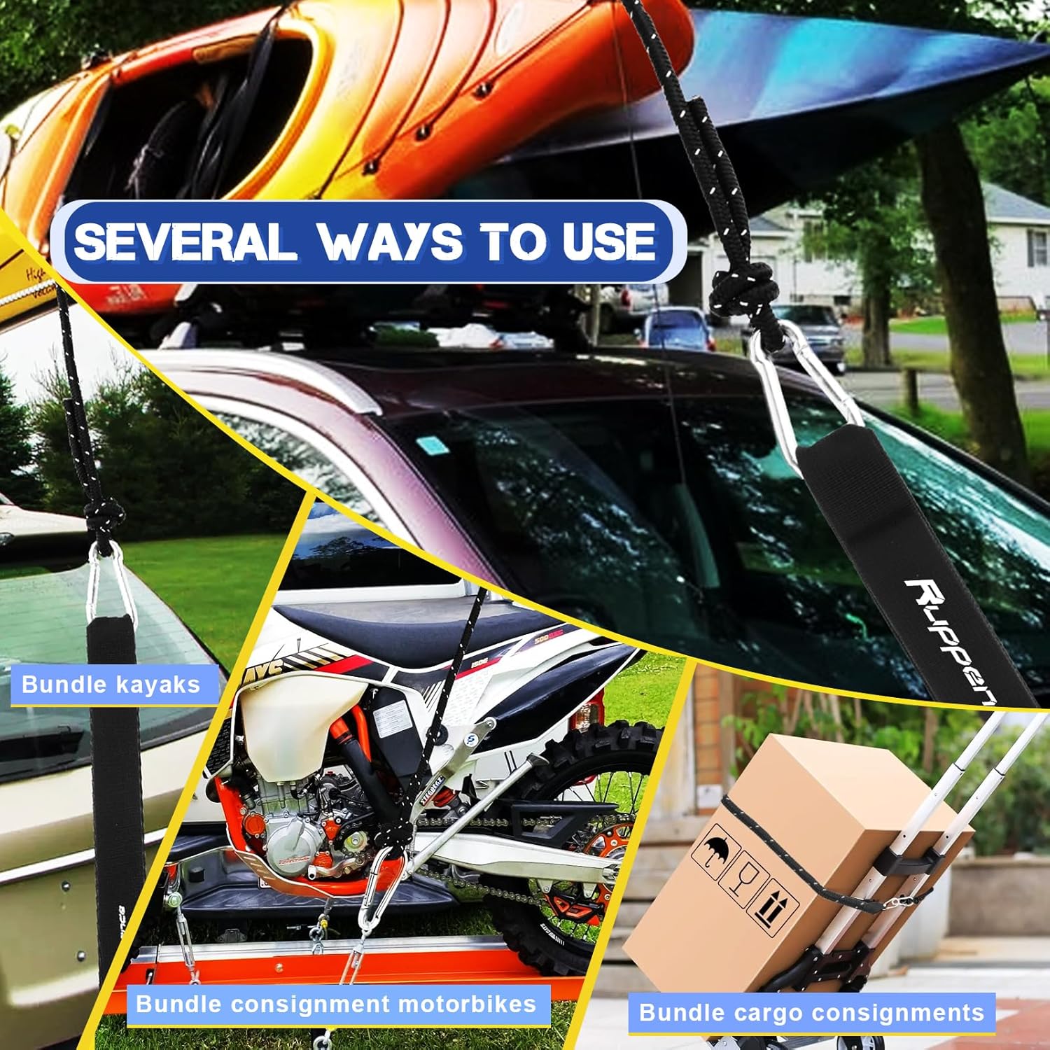 Kayak Tie Down Straps Quick Hood Loops Bow Stern Kayak Strap Anchor for Roof Racks, Canoe, Trunk, Boat(2 Packs)