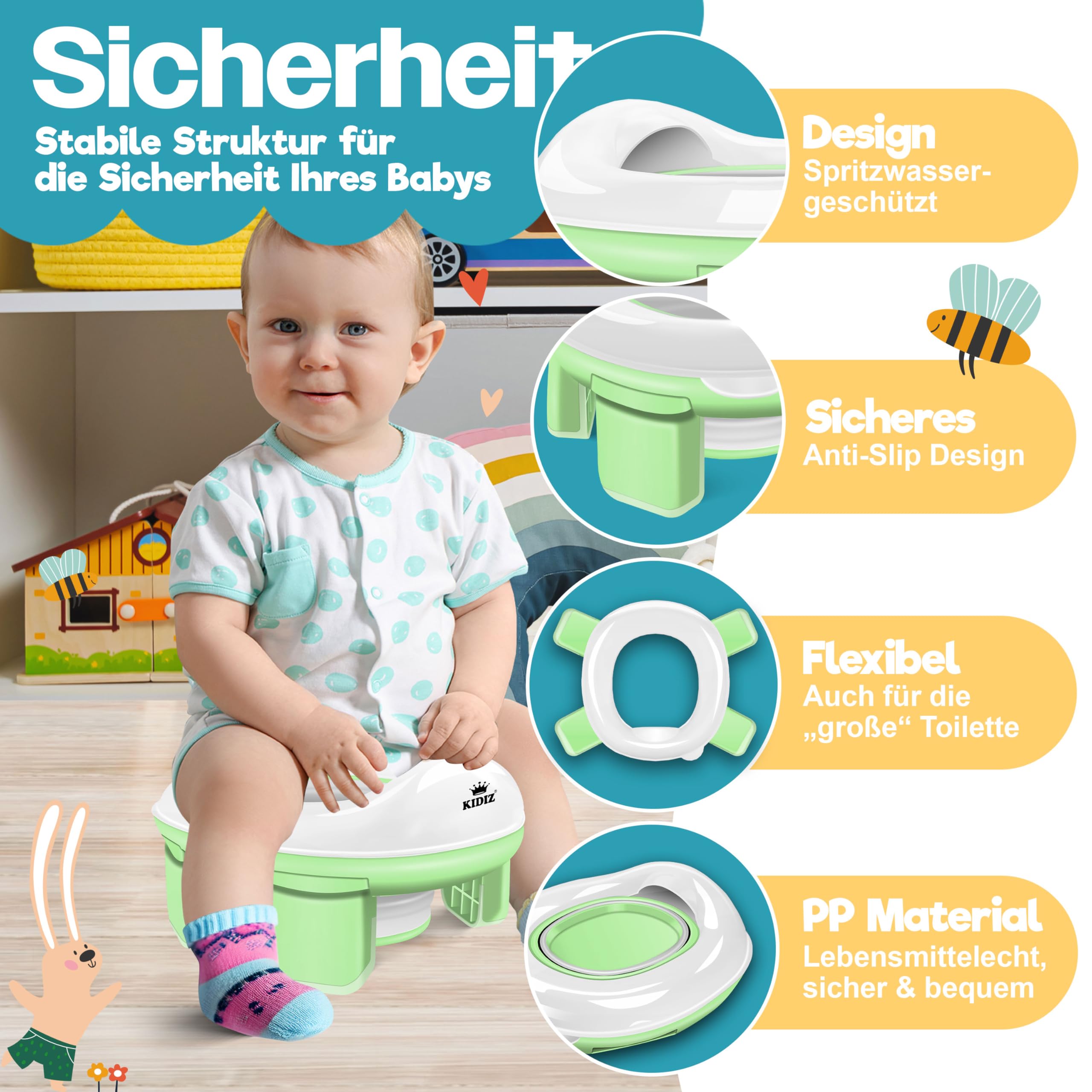 KIDIZ® Vasino per bambini con sedile per WC, comodo vasino, materiale PP con sacchetto della spazzatura, vasino per bambini per viaggiare e sistema di ricompensa con adesivi, soluzione 3 in 1