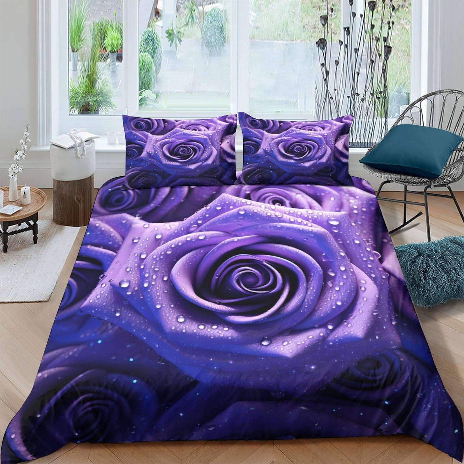 Ctjqhvkz Style-8 3D Printed Purple Rose Fitted Sheet Microfiber Soft Decorative Waterdrop Bed Cover For Bedroom Dorm Mattress Protection Single（135X200cm）
