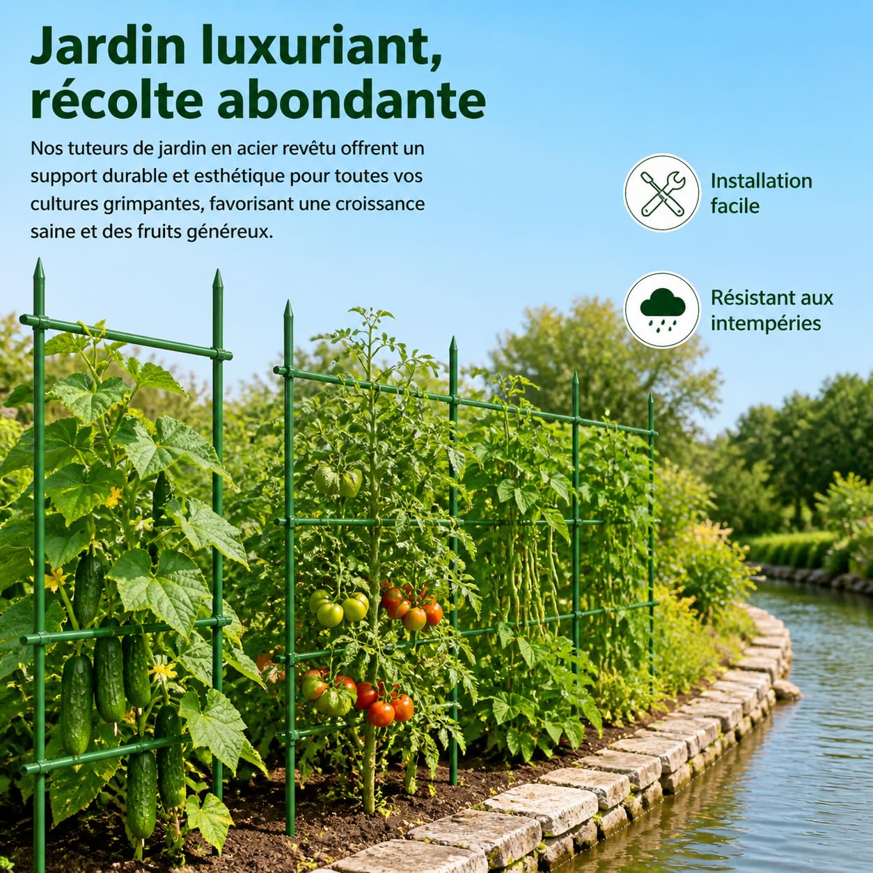 Lot de 10 Tuteurs Acier Plastifié, Tuteurs pour Plantes | Tuteurs Tomate avec Liens, Piquets de Jardin pour Plantes Grimpantes, Légumes et Fleurs, Diamètre 16mm, Longueur 120cm
