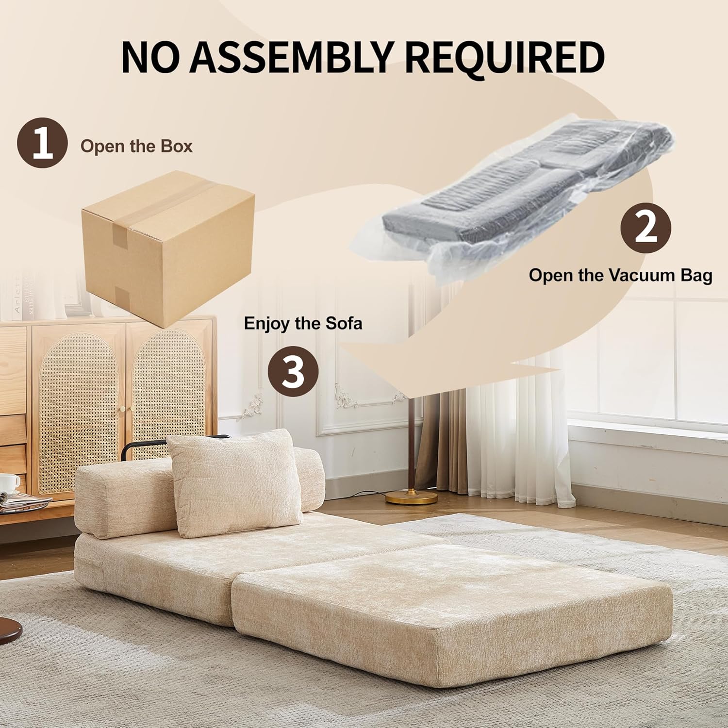 Folding Sofa Bed, Convertible Sleeper Chair Couch Bed Chenille for Adults, Comfortable Floor Sofa with Backrest Support for Living Room Bedroom, Black Single Model Sofa (Single - White)