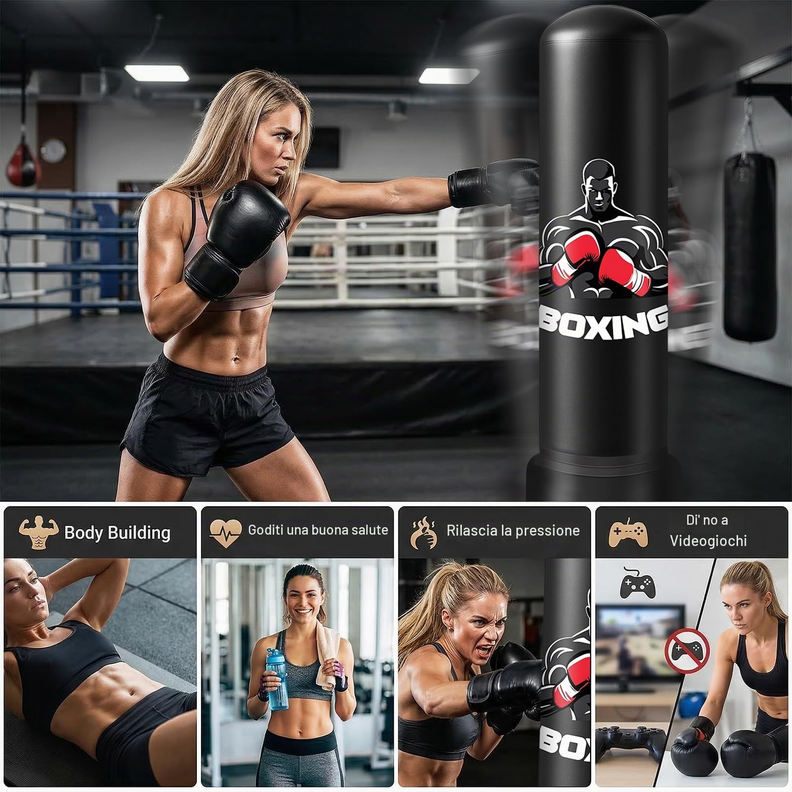 Sacco da Boxe Autoportante 180 cm, in PVC Rinforzato da 0.35mm Gonfiabile con Guantoni e Pompa Ideale per Adulti, Giovani, Arti Marziali, Fitness