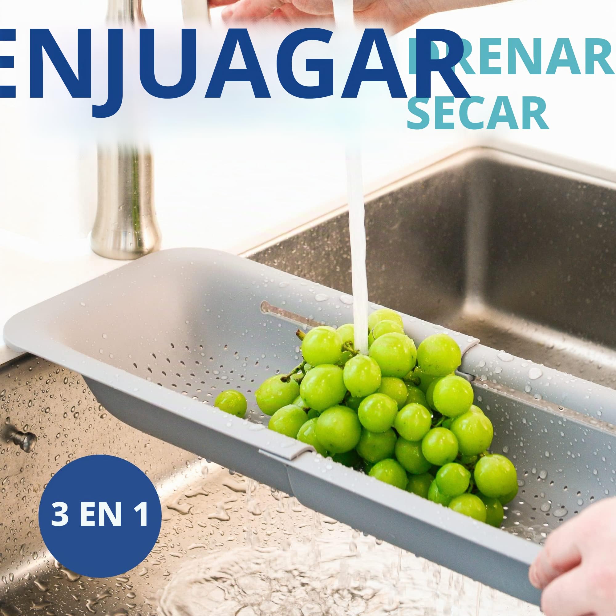 Blue Ginkgo's Colador colador para fregadero – Lava verduras y frutas, escurre pasta cocida y platos secos – Extensible – New Home Kitchen Essentials – Gris, azul, rosa y blanco