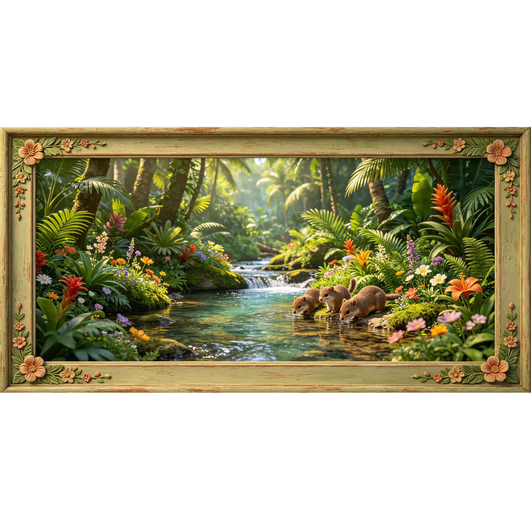 Agglomerix 3D Framed Wall Art Tropical River Animals Wildflowers Botanical Scenic Relief Effect Large Size SelfAdhesive Removable Wall Decor Prints Artwork for Living Room Bedroom Office