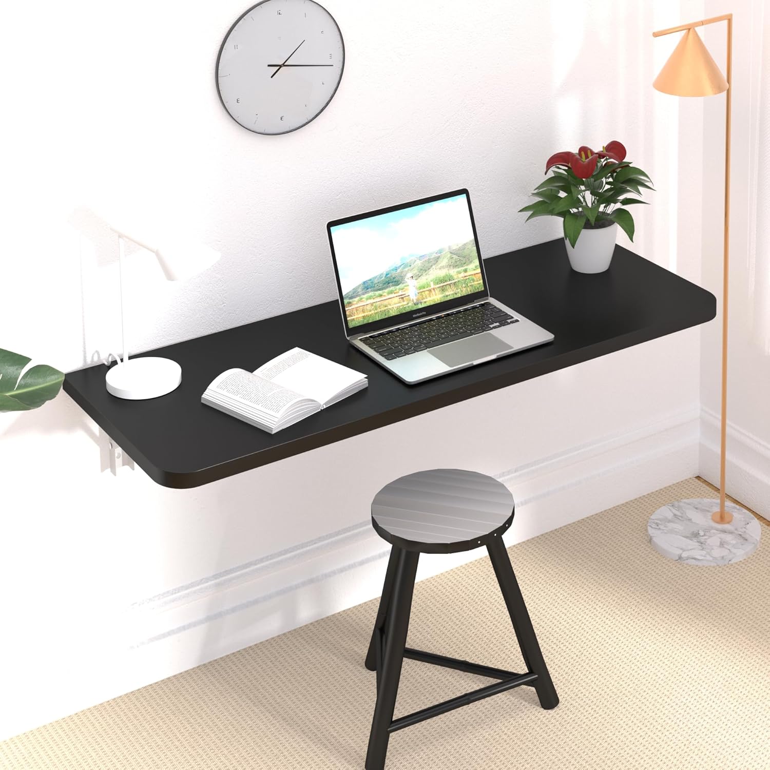 47.2" x 15.7" Wall Mounted Folding Table, Heavy Duty Foldable Computer Desk with Brackets, Wood Floating Desk for Kitchen Dining Room, Wall Desk Fold Down Workbench for Small Spaces (Black)