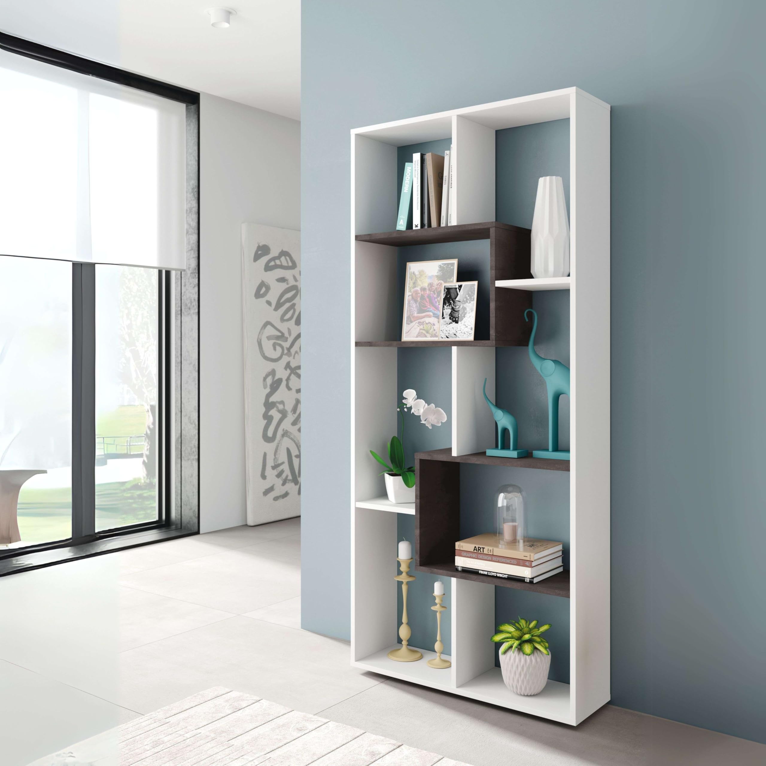 Habitdesign Estantería Reversible, Librería Oficina, Modelo Kawa, Acabado en Color Blanco Artik Y Oxido, Medidas: 180 cm (Alto) x 80 cm (Ancho) x 25 cm (Fondo)