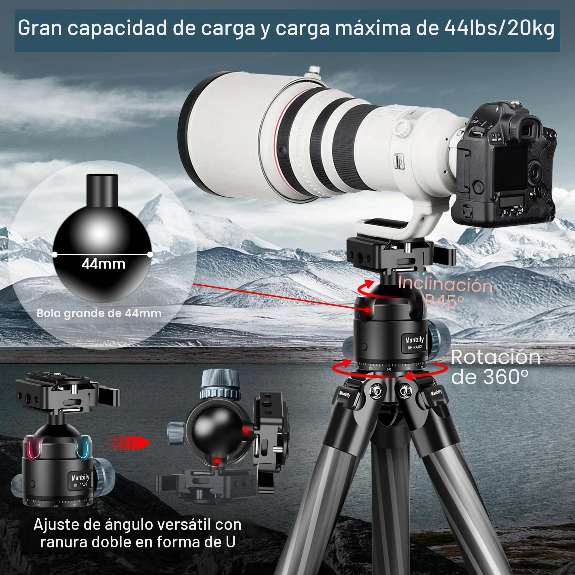 Manbily WZ-324PA - Tripode de fibra de carbono para grabación y caza, 158 cm, adaptador Picatinny a Arca Suiza, tubo 32 mm, cabeza de bola de bajo centro de gravedad 360°