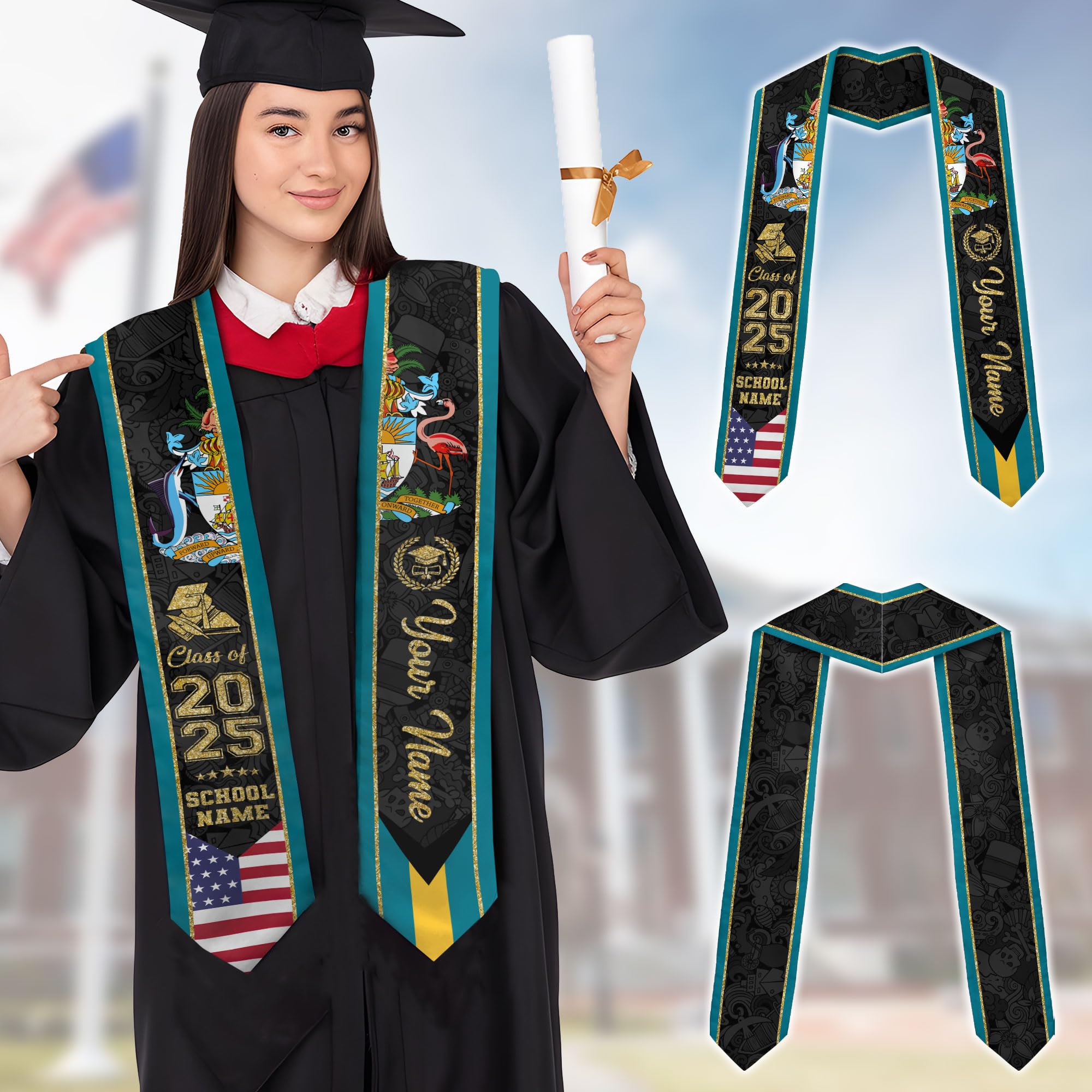 MonkeyVan Personalized Bahamas Graduation Stole, Bahamian Graduation Sash, Bahamas Flag Graduation Stole, Class of 2025 Bhm3